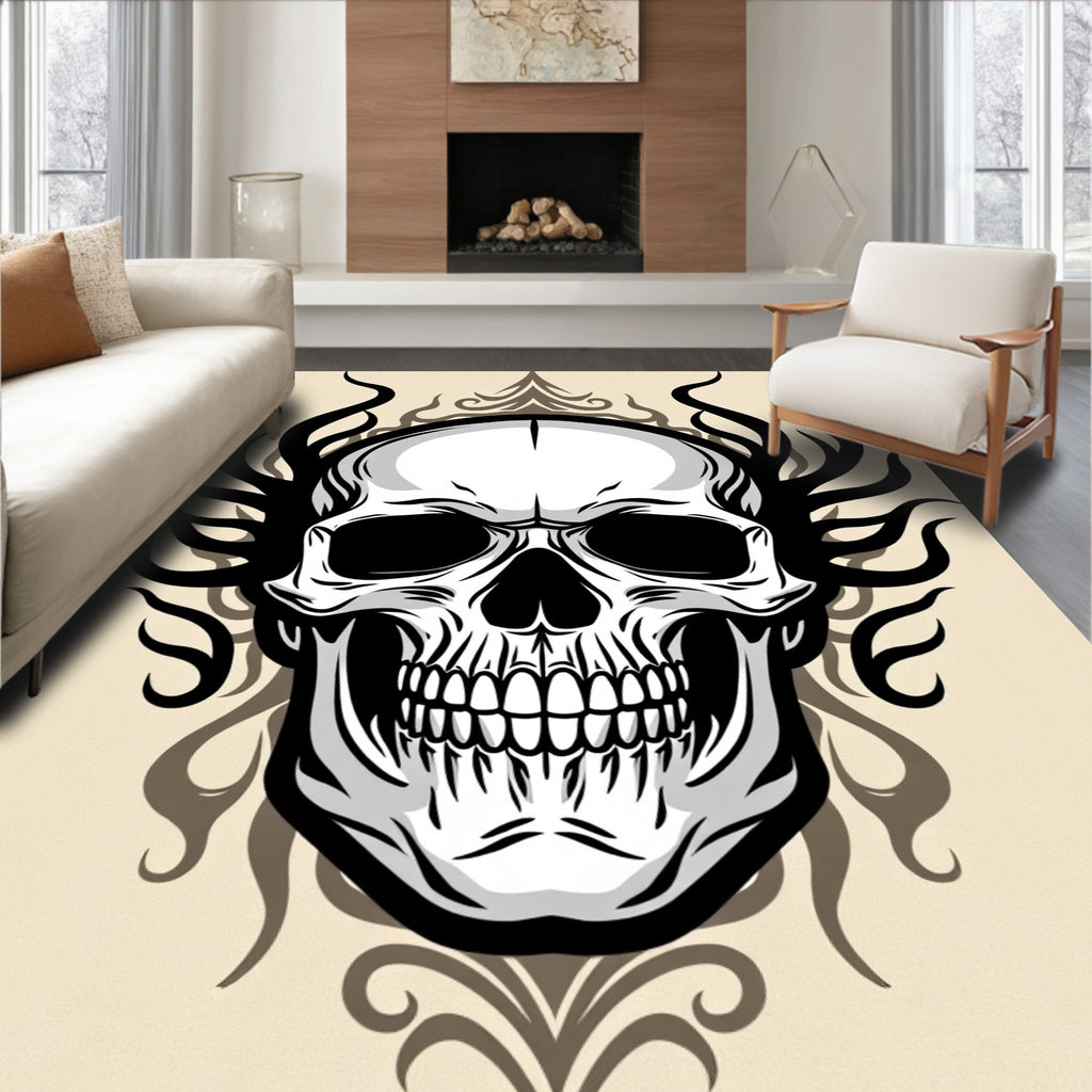 Intricate Skull With Flames Pattern Rug