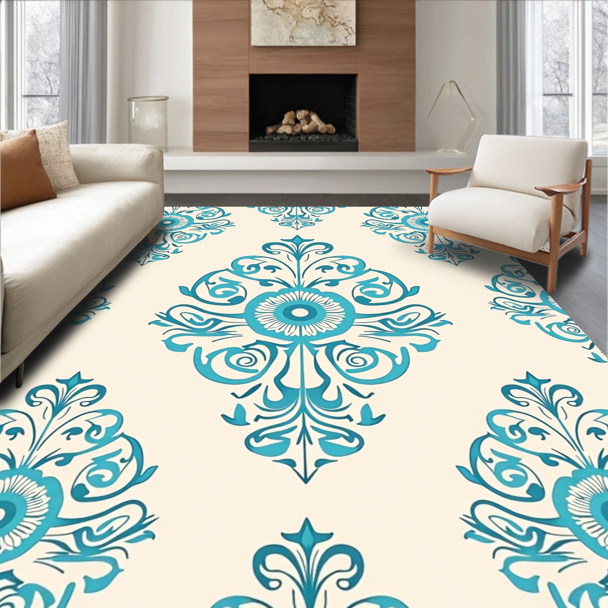 Teal Floral Scroll Pattern Rug