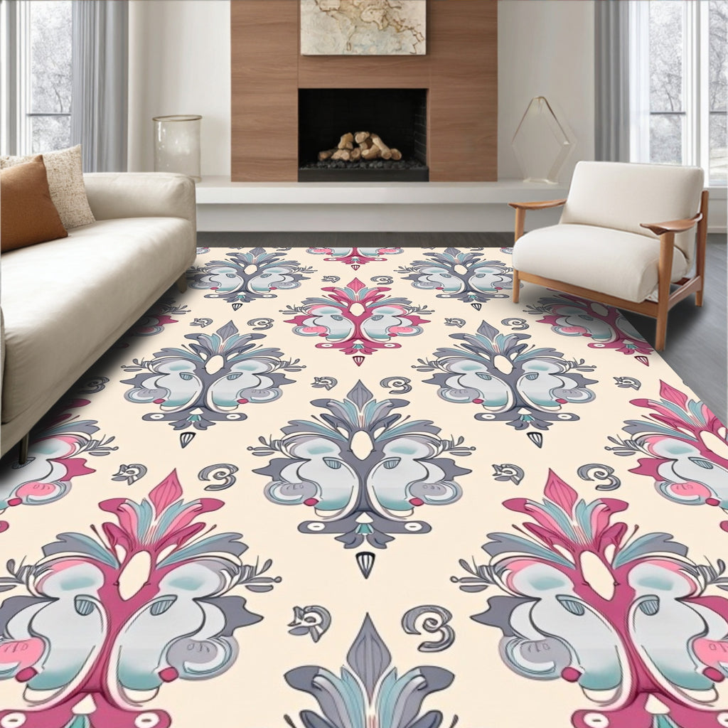 Damask Floral Pattern with Pink Accents Rug