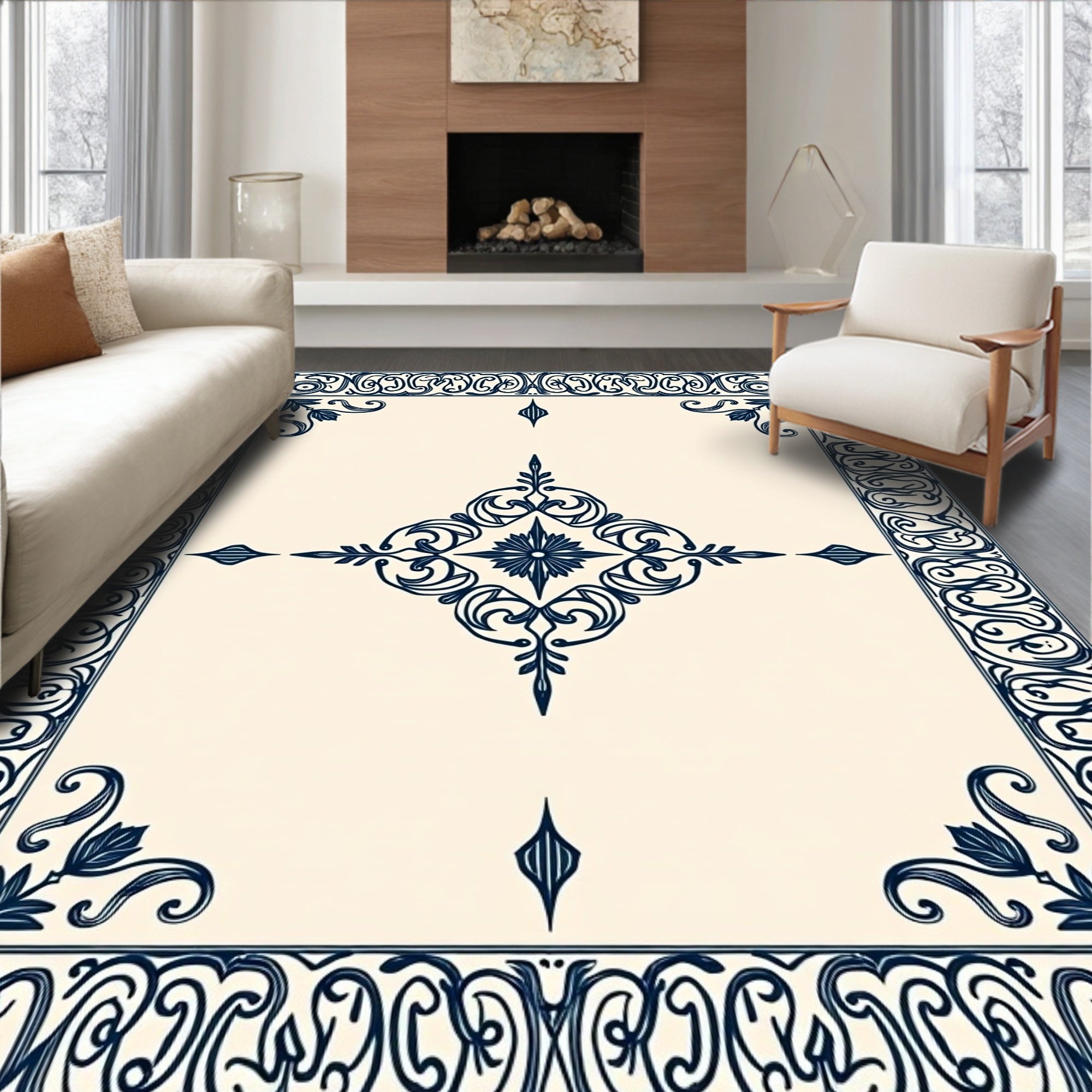 Ornate Dark Blue Floral Scroll Medallion Rug