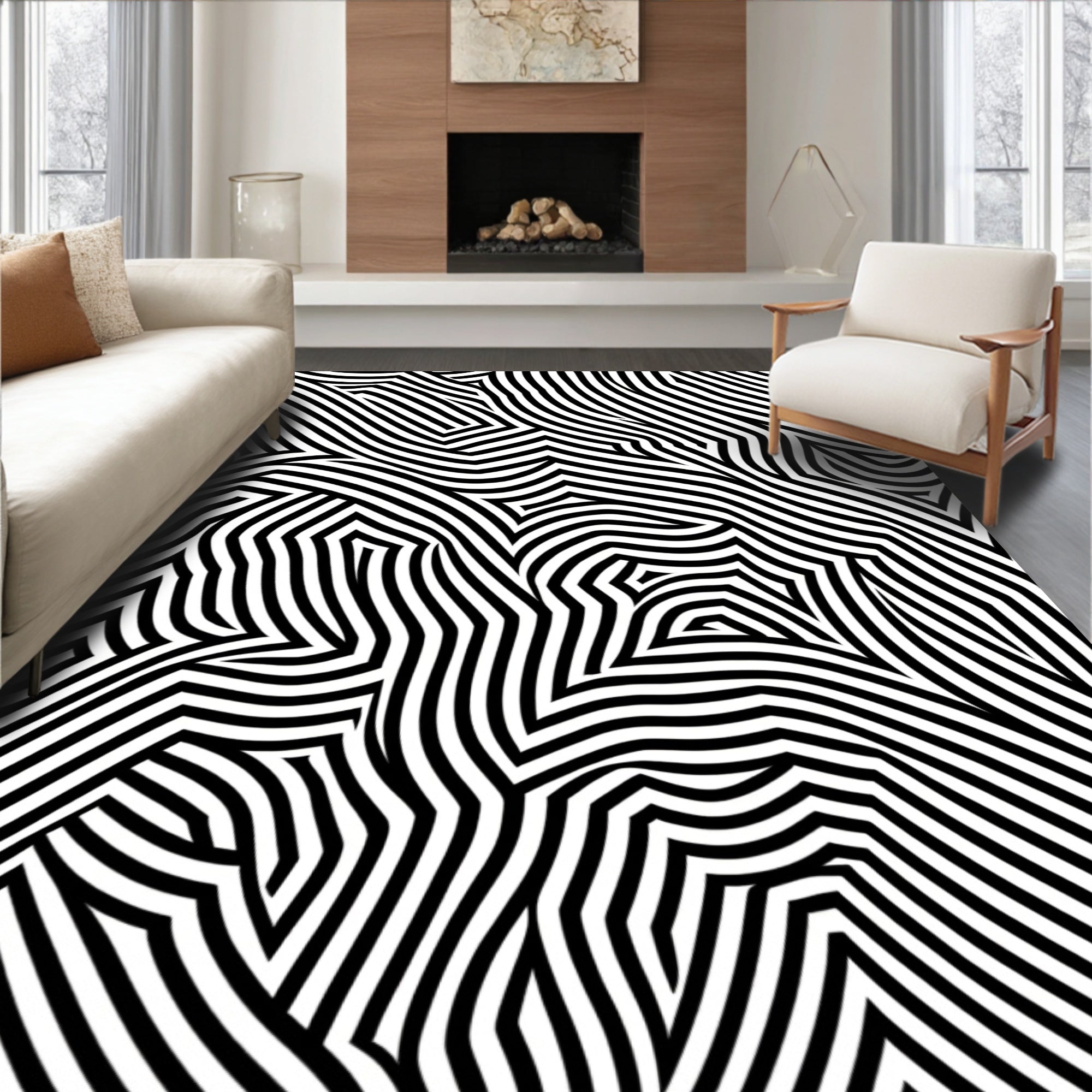 Abstract Black White Striped Overlay Rug