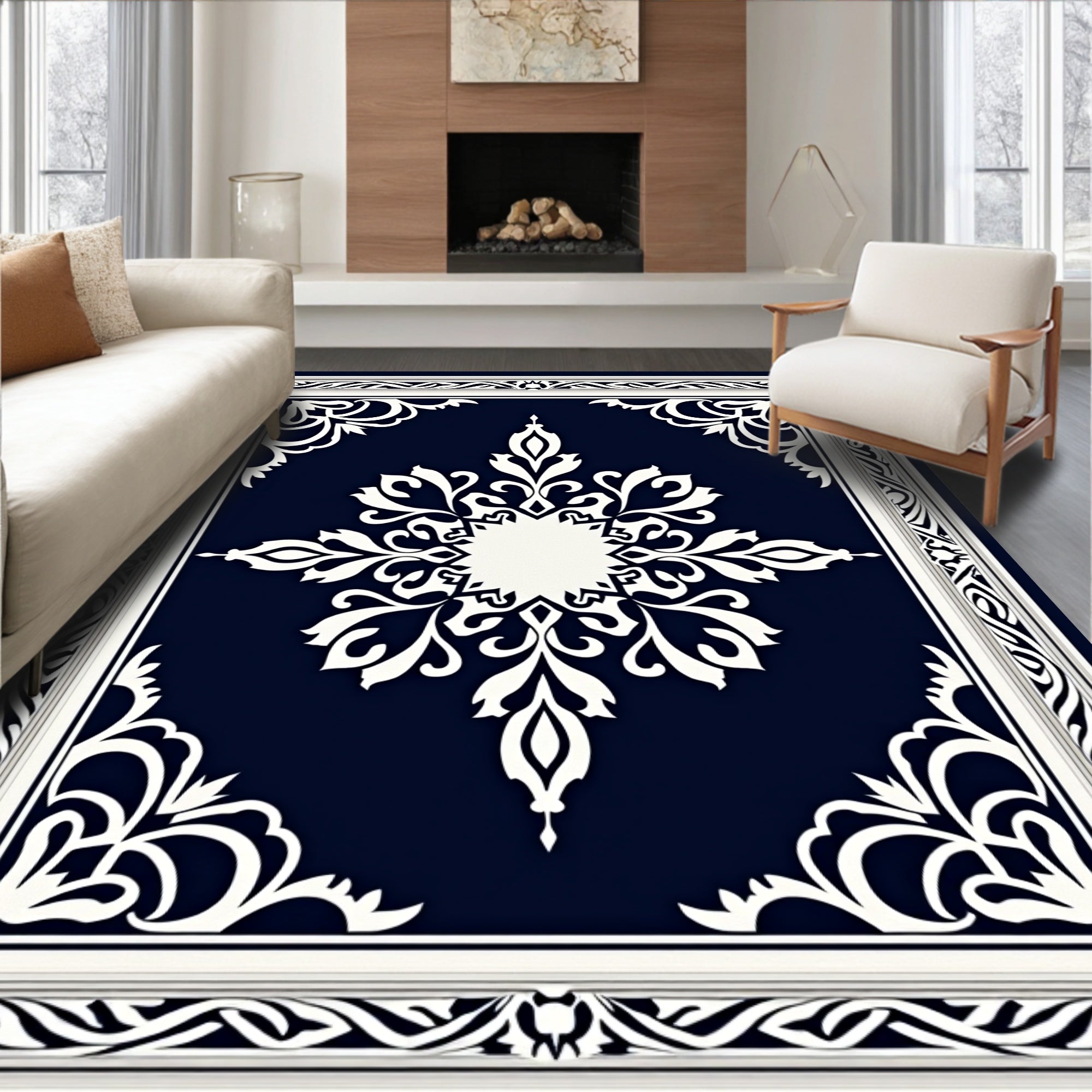Elegant White Floral Dark Blue Rug