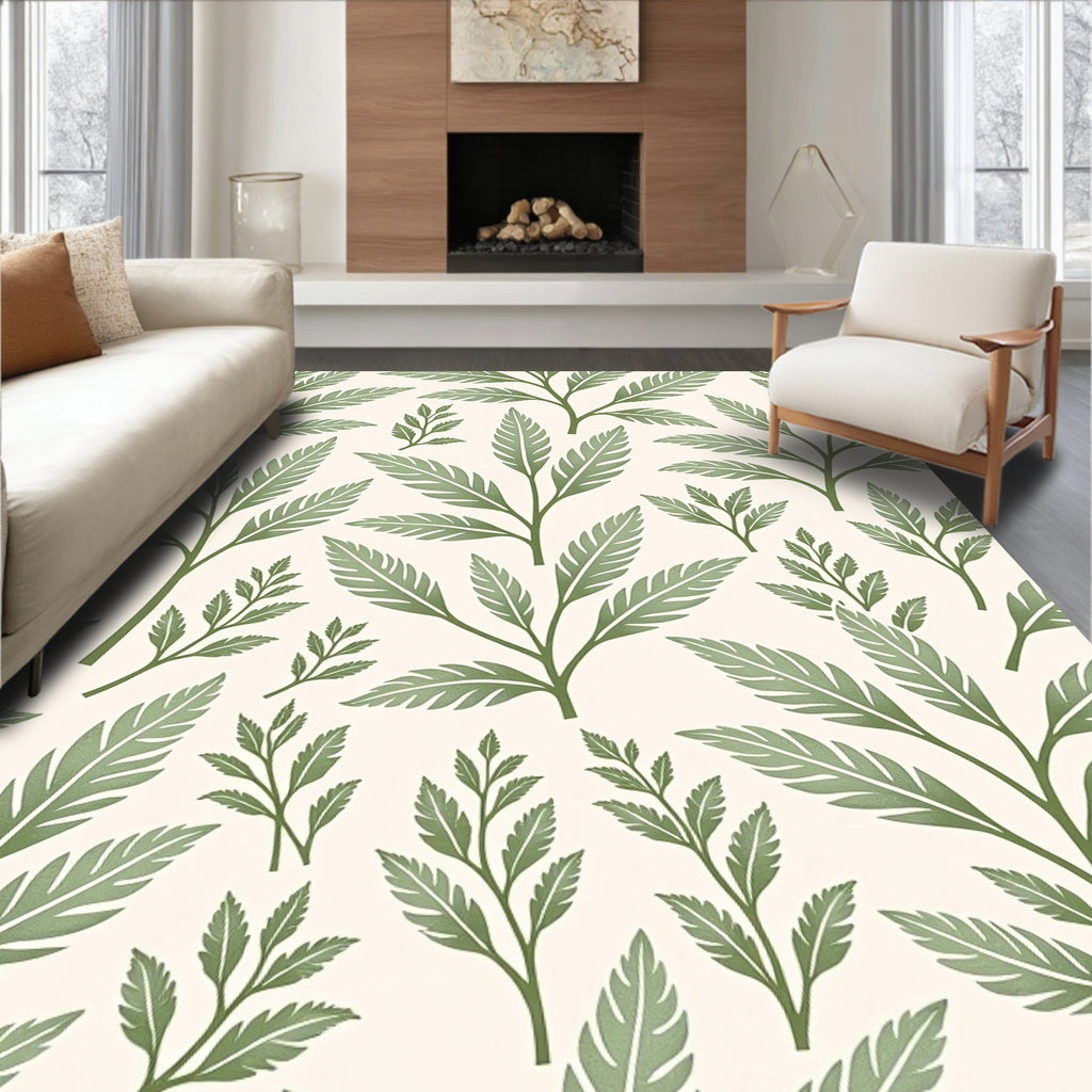 Green Leaf Patterned Elegant Design Rug