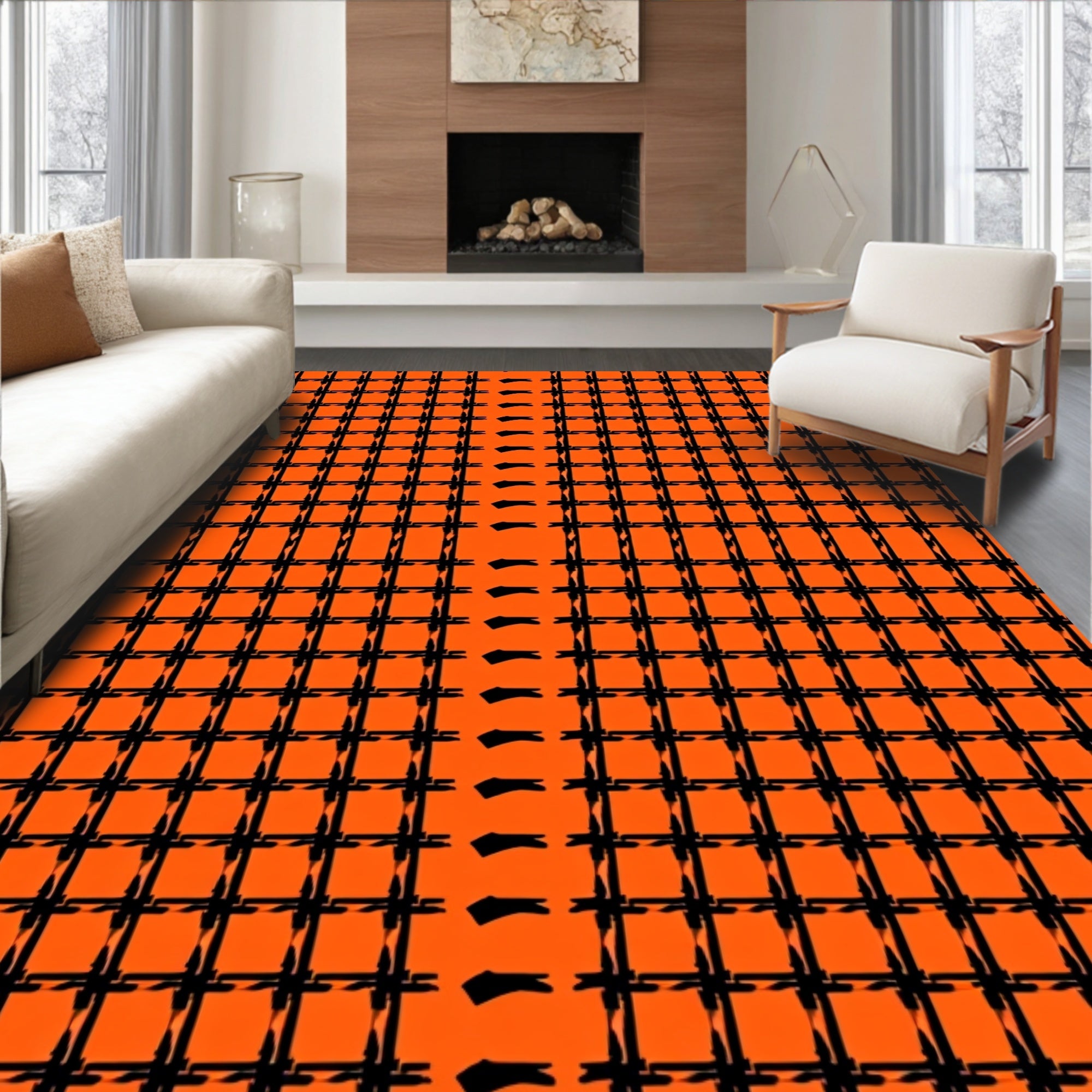 Bold Orange Black Grid Pattern Rug