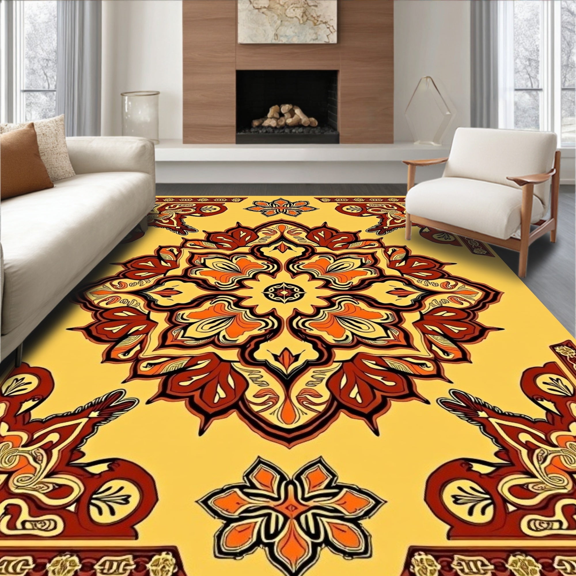 Mandala Floral Design Red Orange Rug