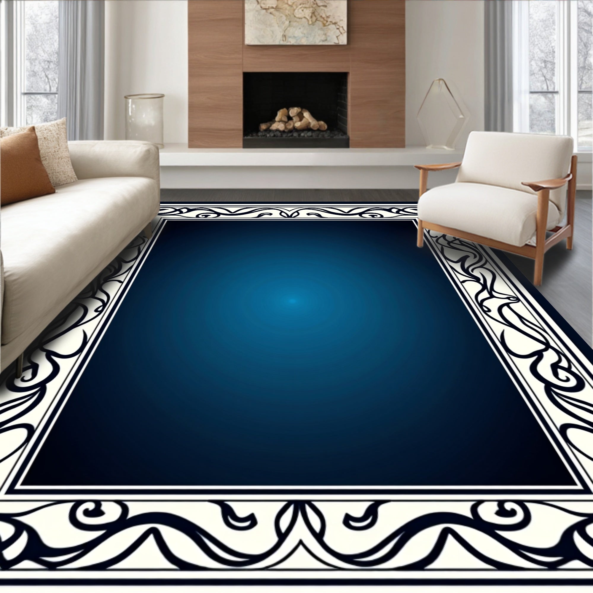 Classical Scrollwork Cream And Navy Rug