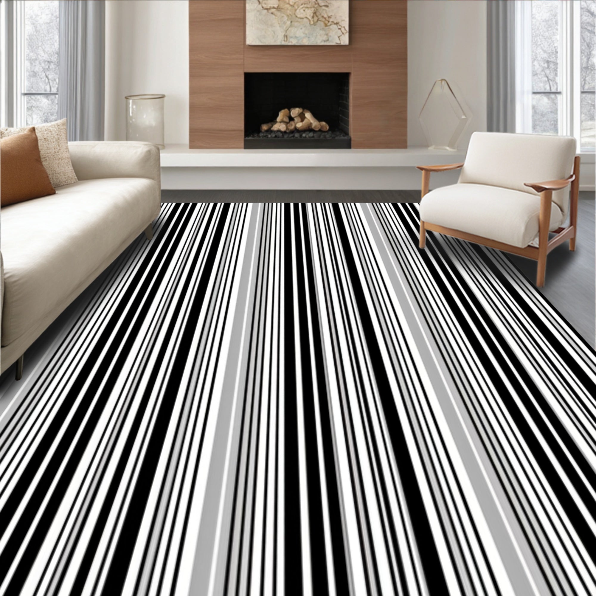 Vertical Black White Gray Stripes Rug
