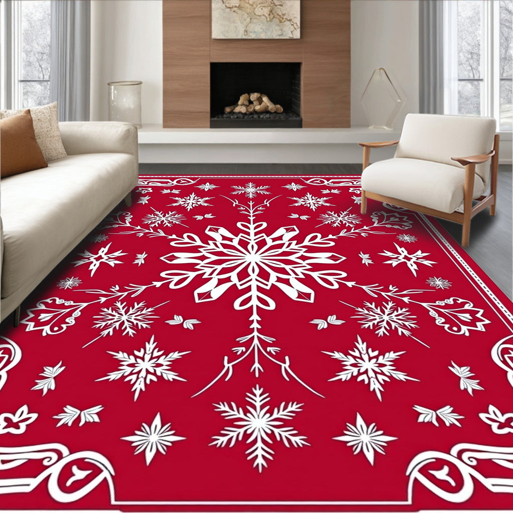 Crimson White Winter Snowflake Collection Rug
