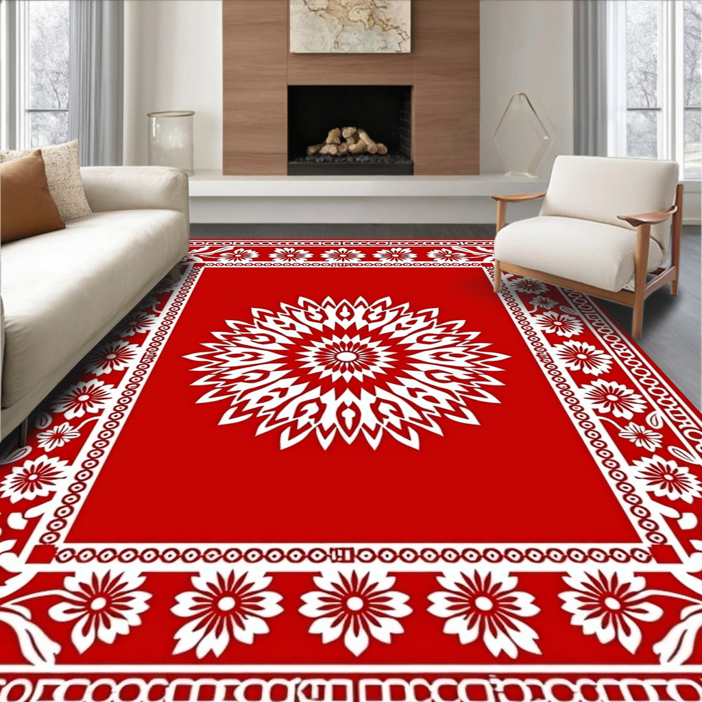 Red With White Mandala Floral Border Rug