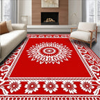 Red With White Mandala Floral Border Rug