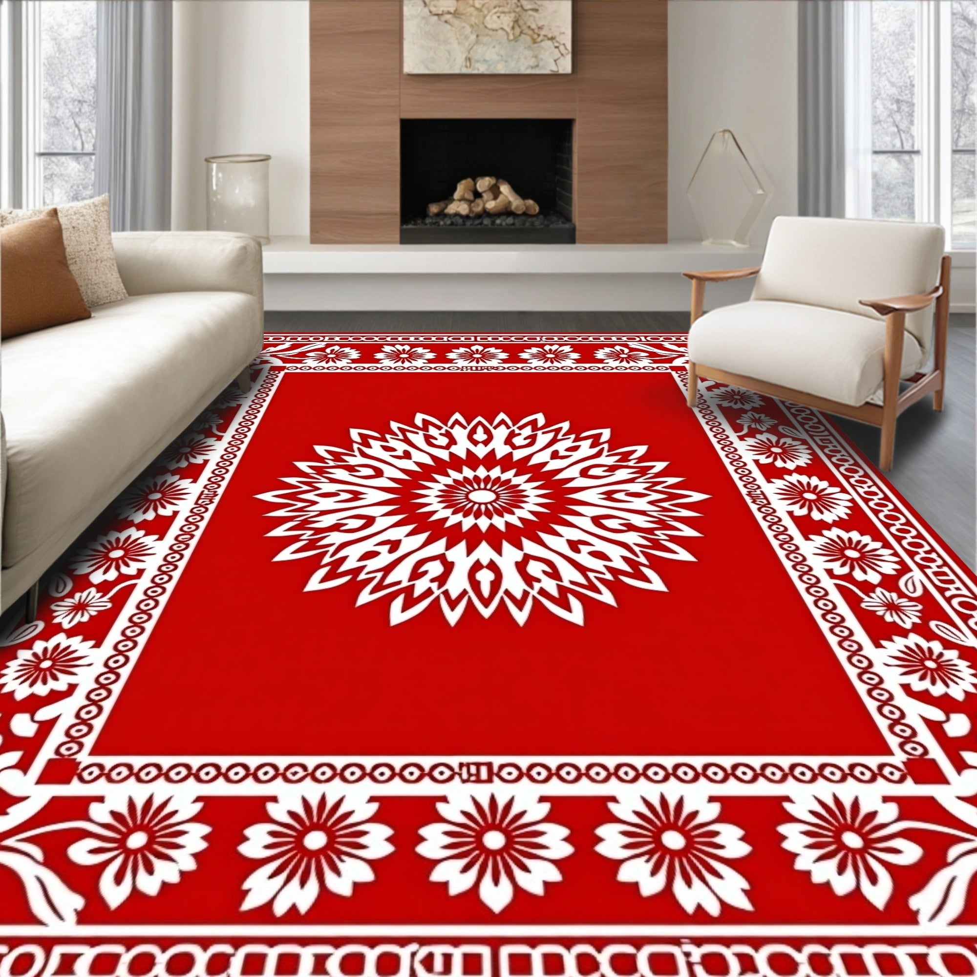Red With White Mandala Floral Border Rug