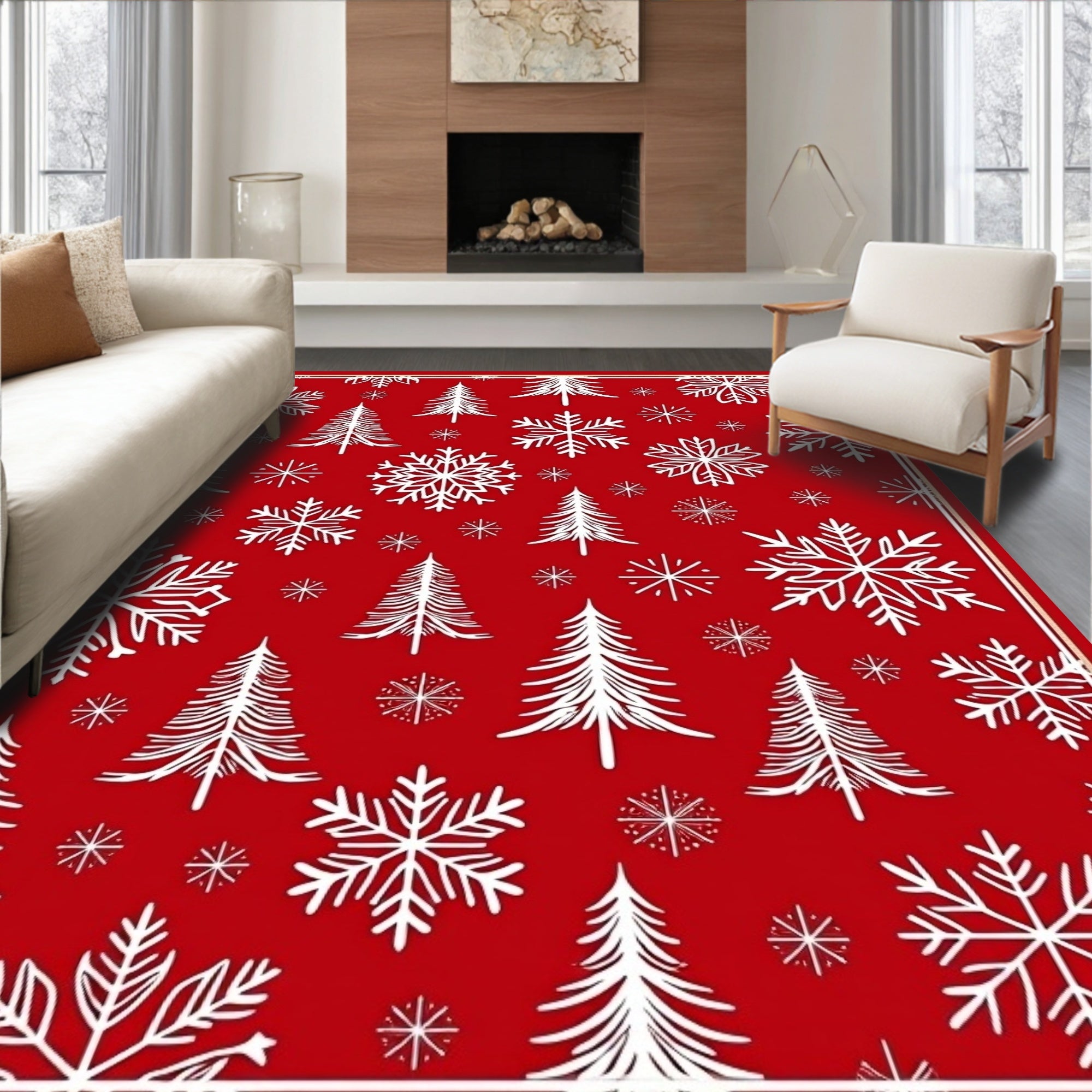 Red Snowflake Tree Pattern Rug