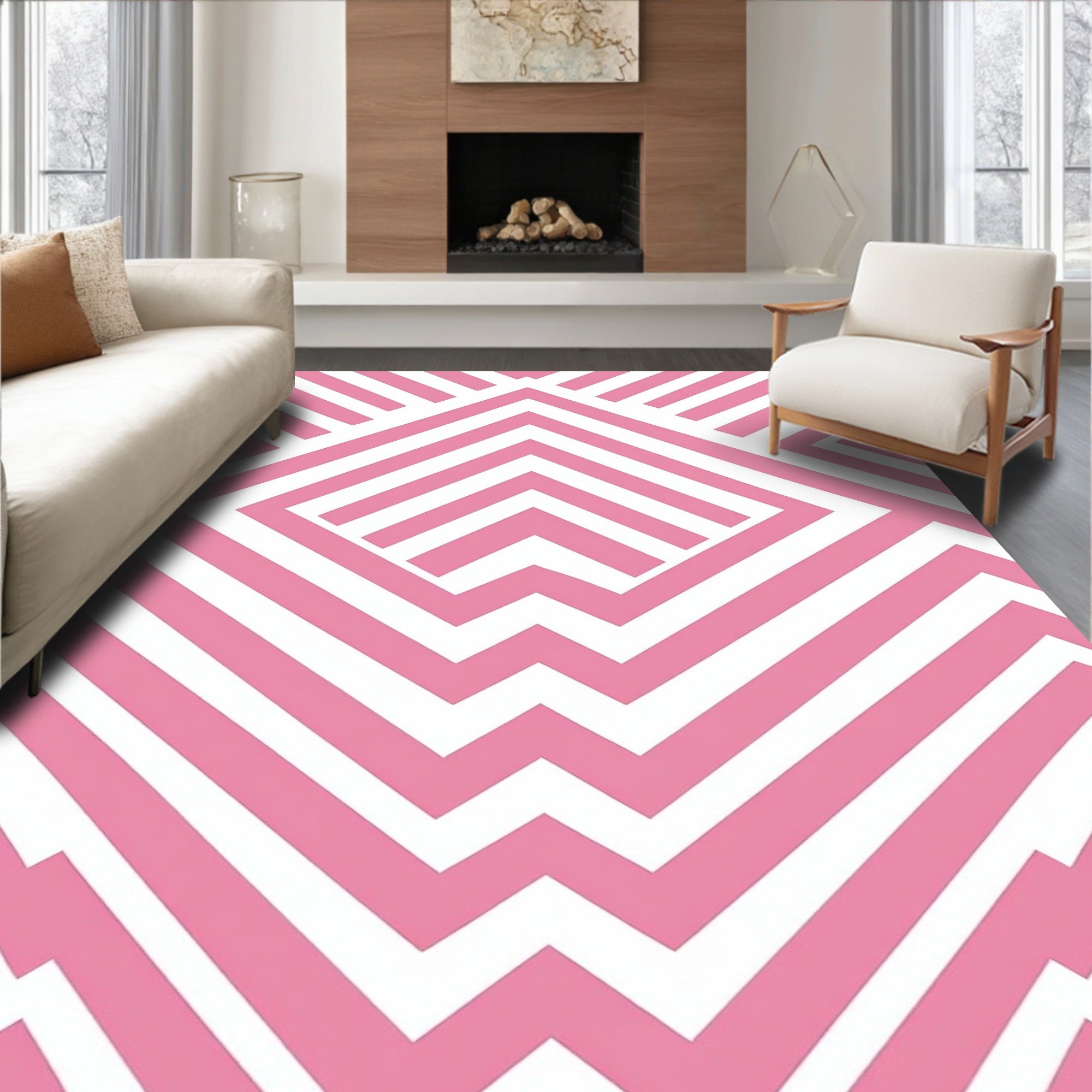 Pink White Geometric Maze Pattern Rug