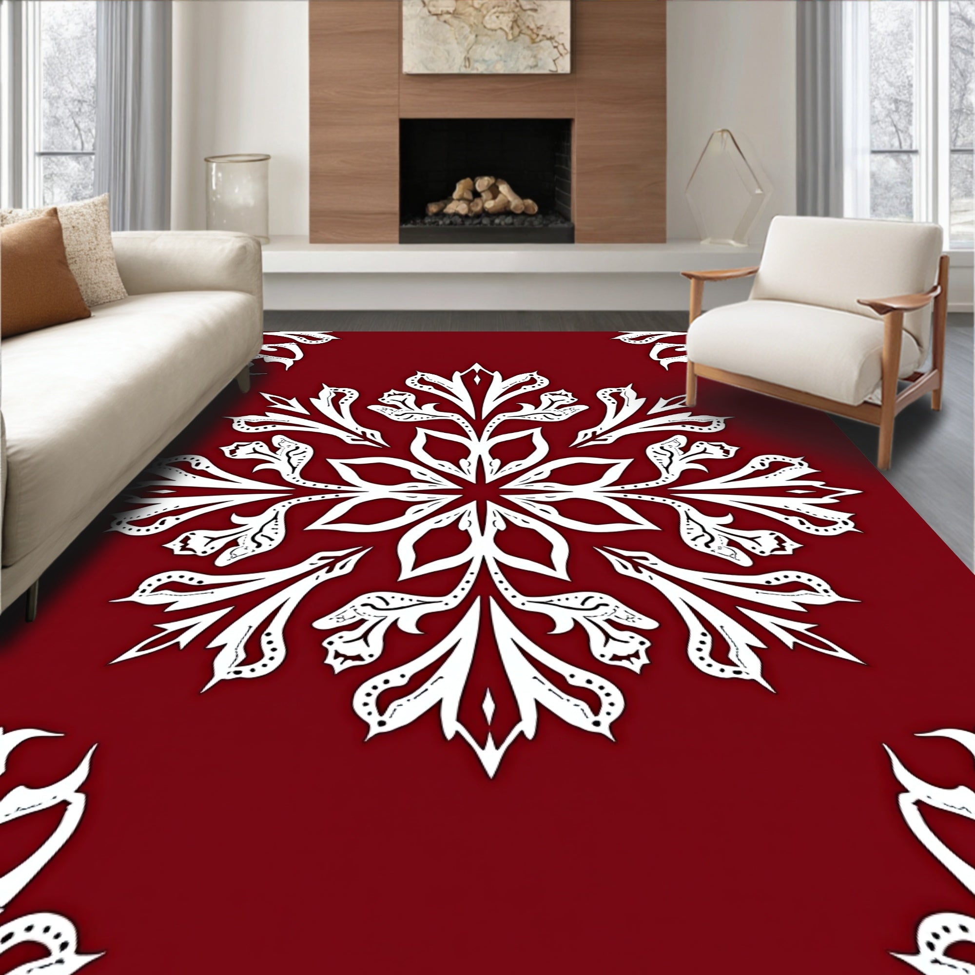 Symmetrical White Floral Mandala Pattern Rug
