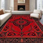Ornate Black Red Floral Medallion Pattern Rug