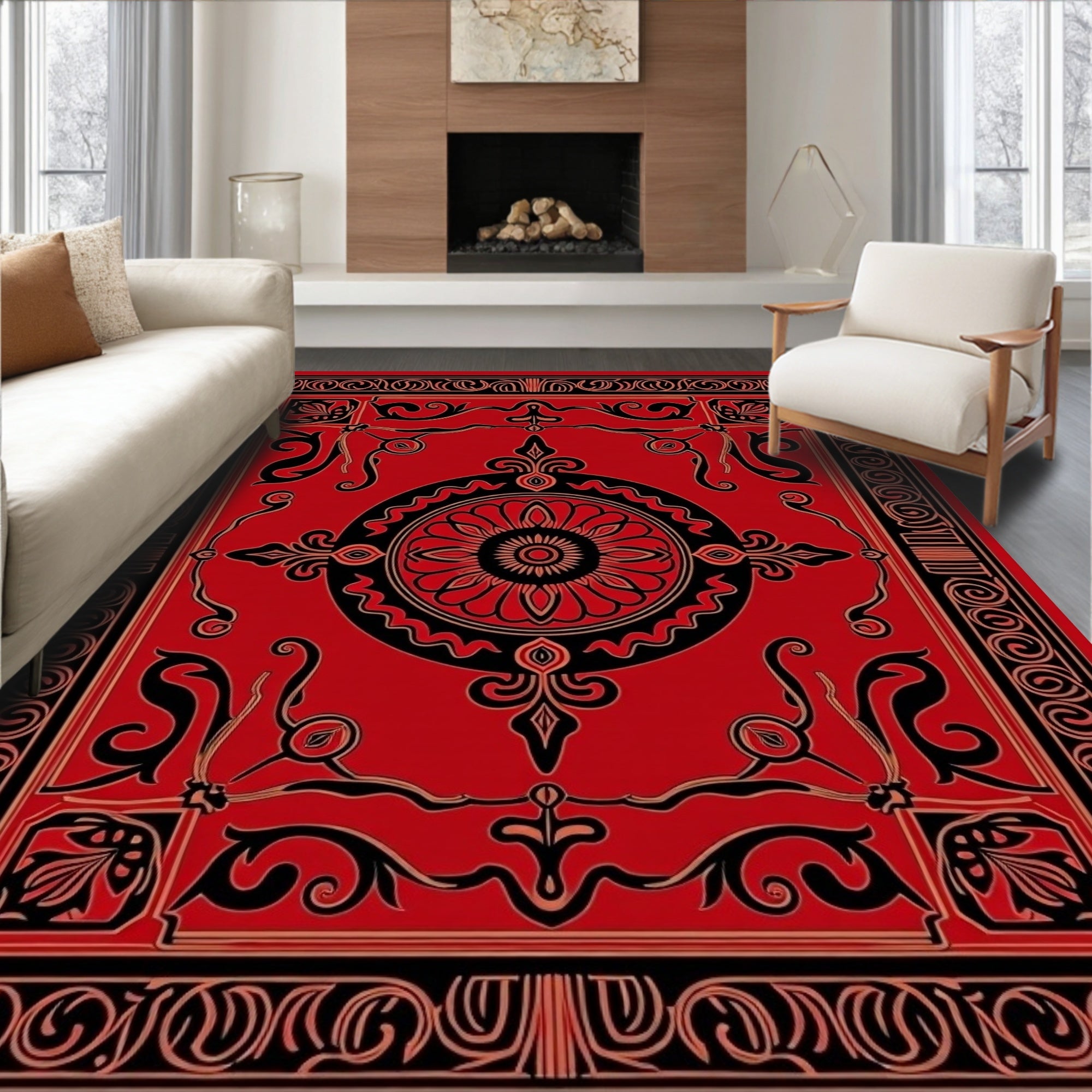 Ornate Black Red Floral Medallion Pattern Rug