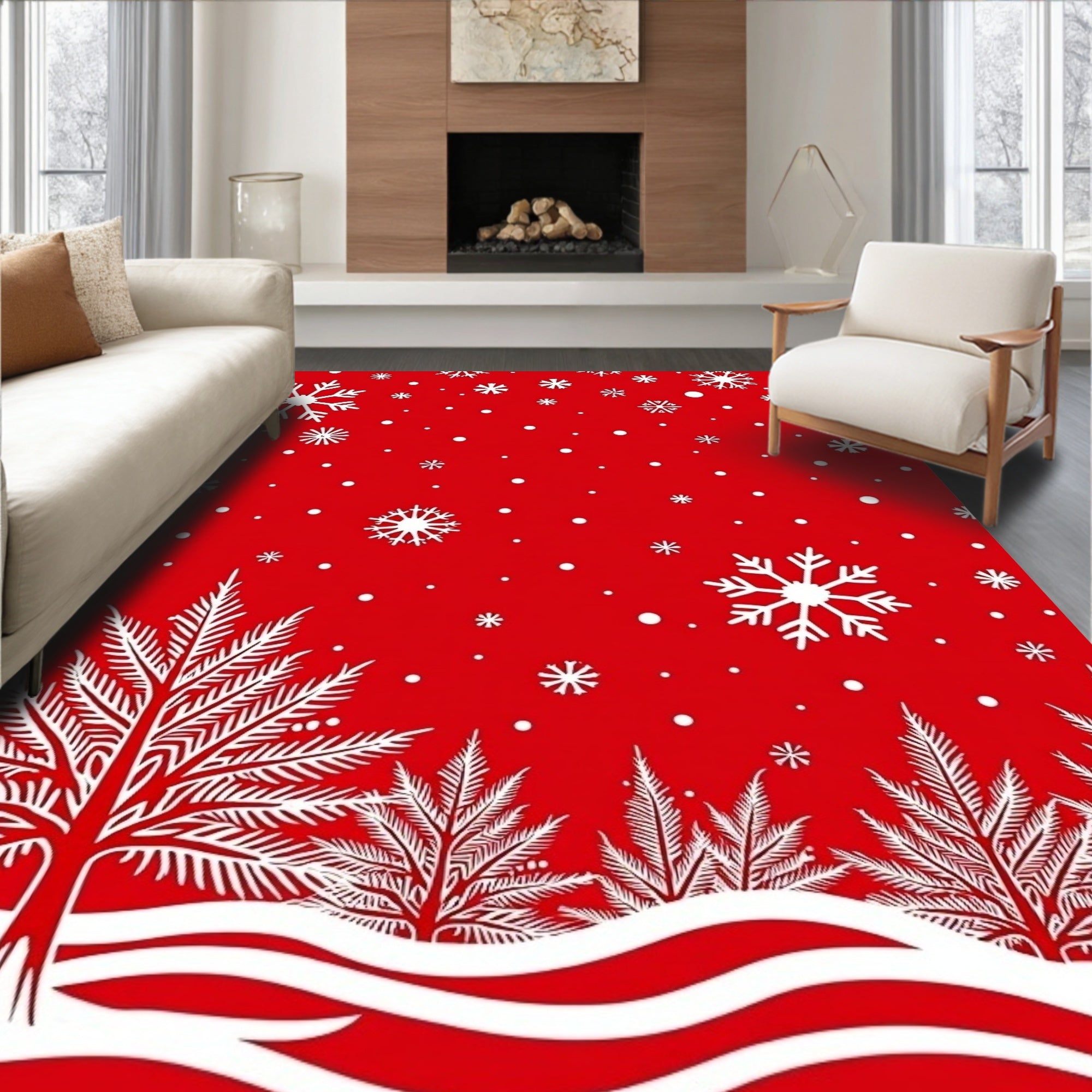 Red Snowflake Evergreen Forest Design Rug