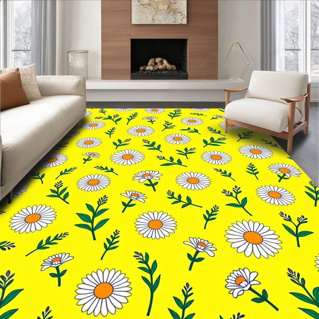 Bright Yellow Daisy Floral Pattern Rug