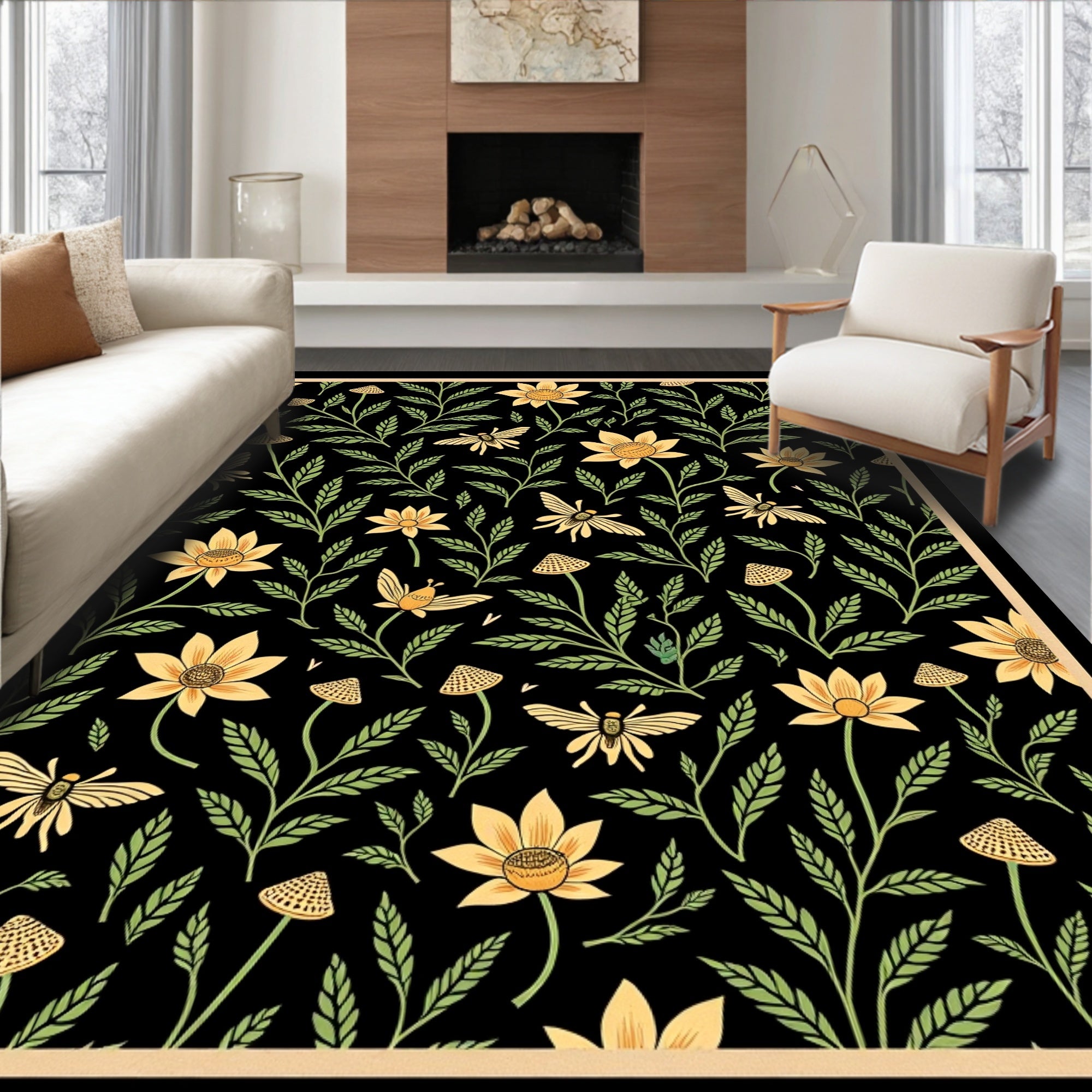 Yellow Floral Butterfly Meadow Rug