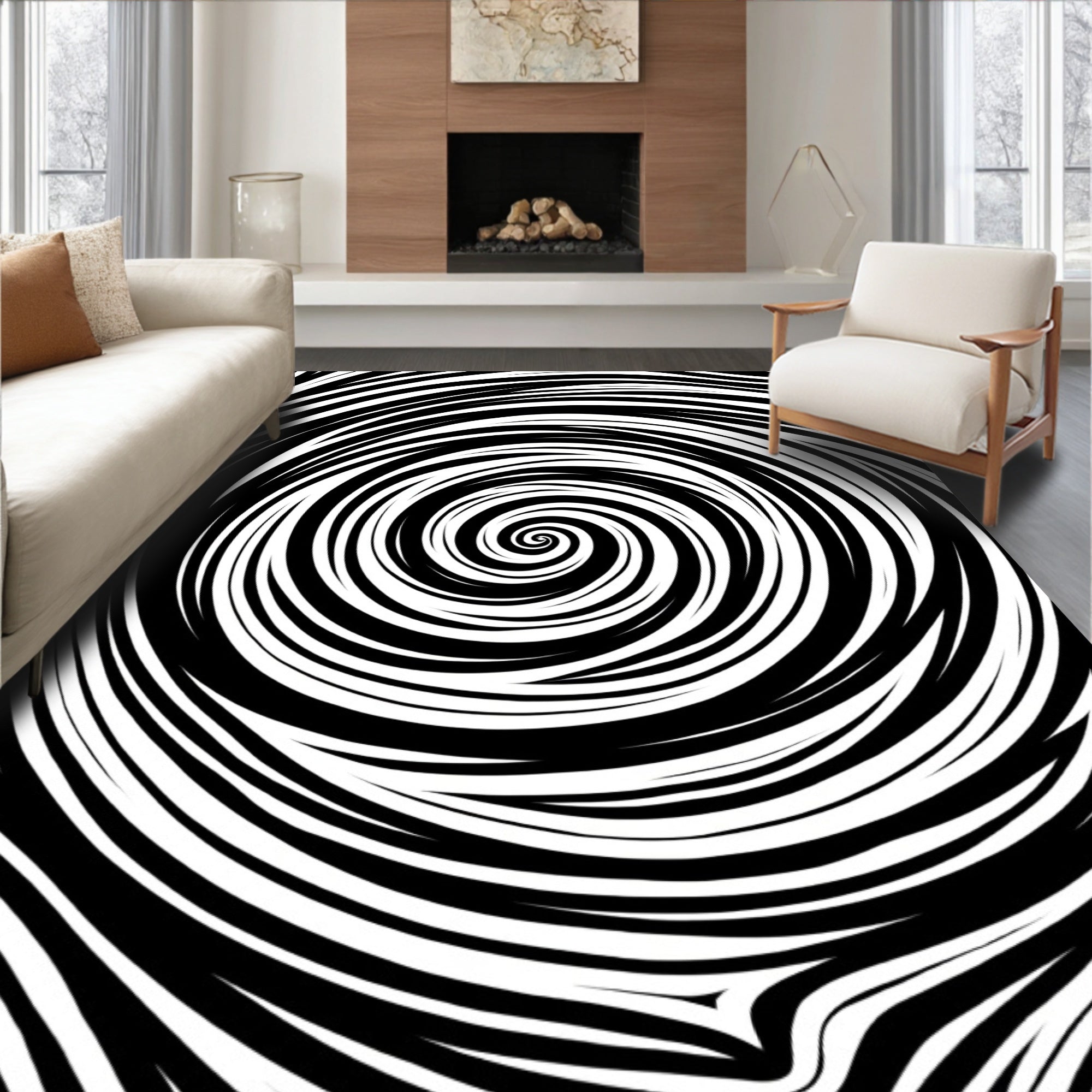 Black White Swirling Lines Rug