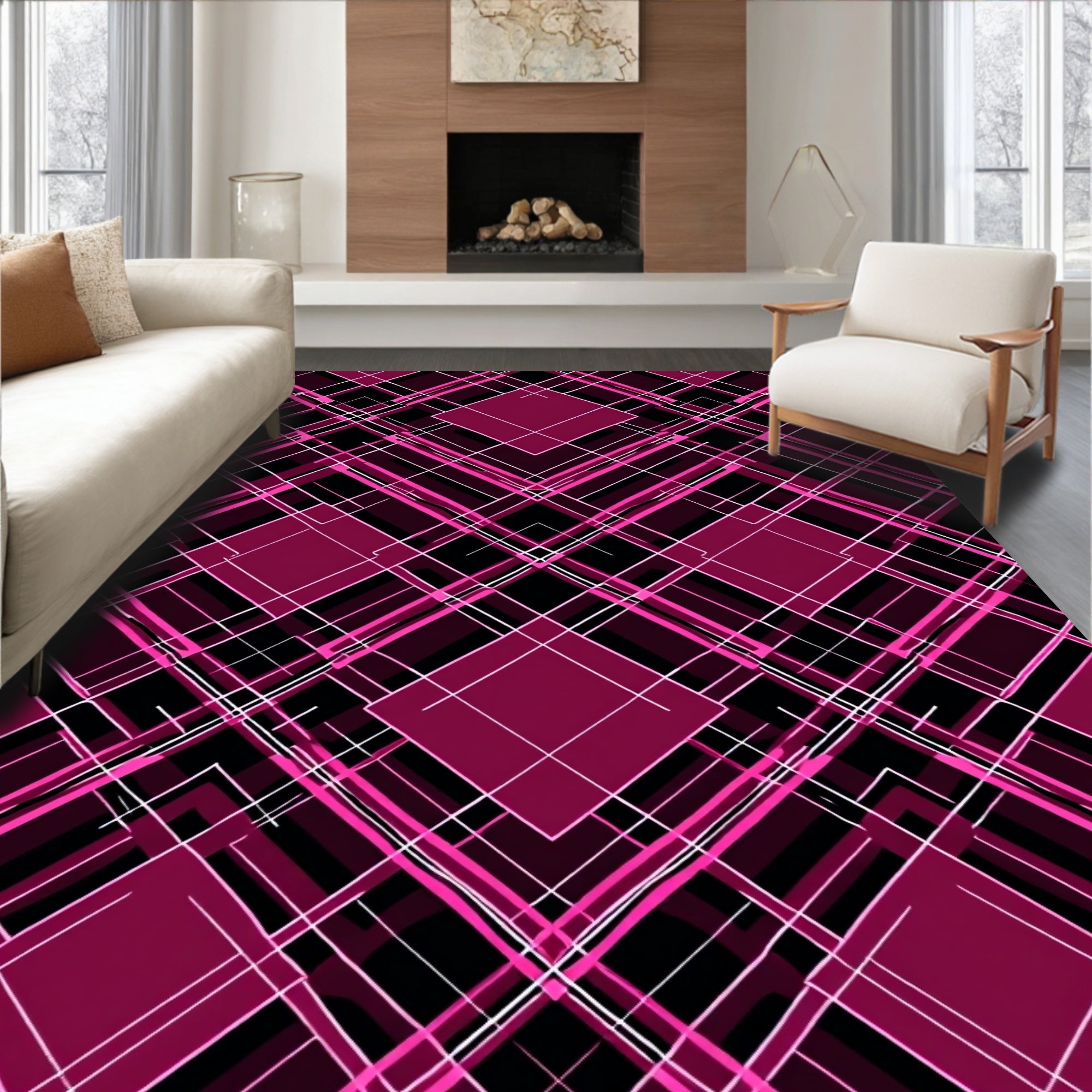 Geometric Pink Black Line Art Pattern Rug