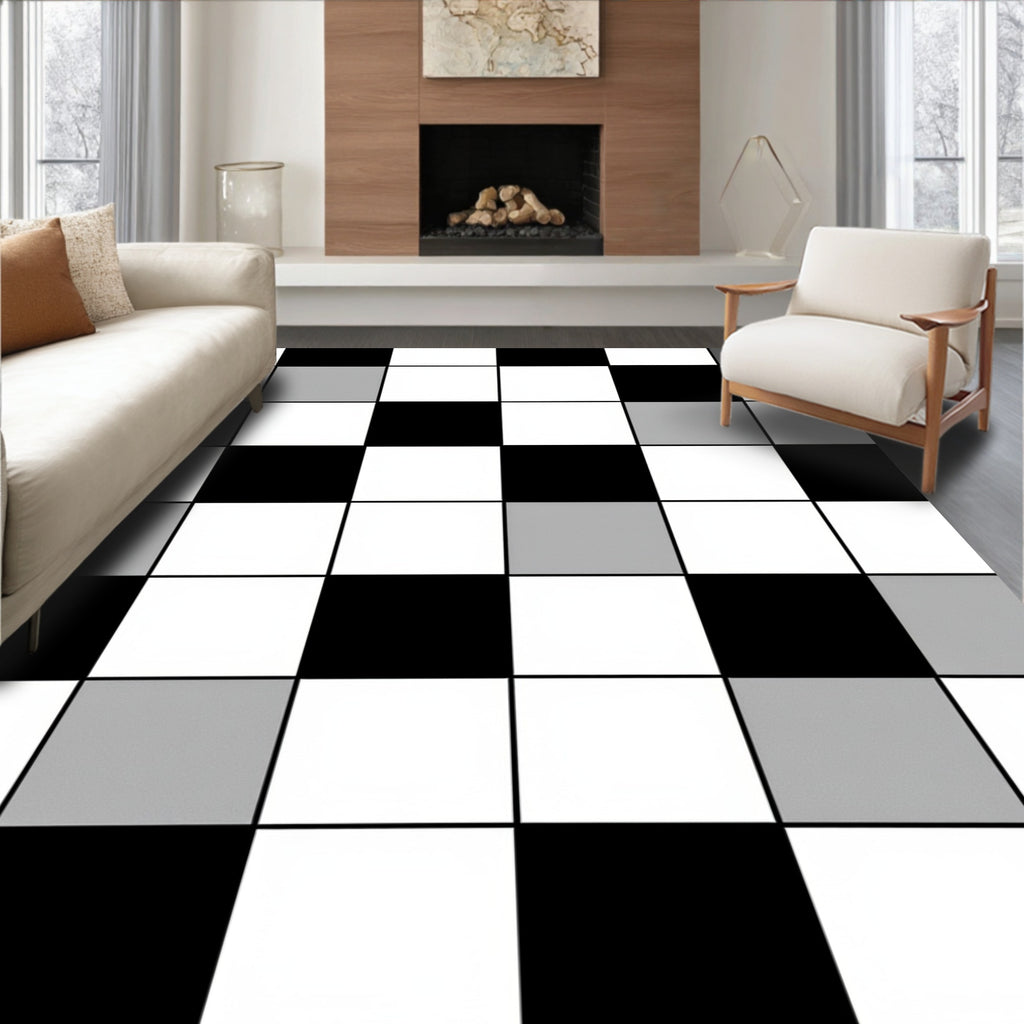 Monochromatic Checkered Grid Pattern Rug