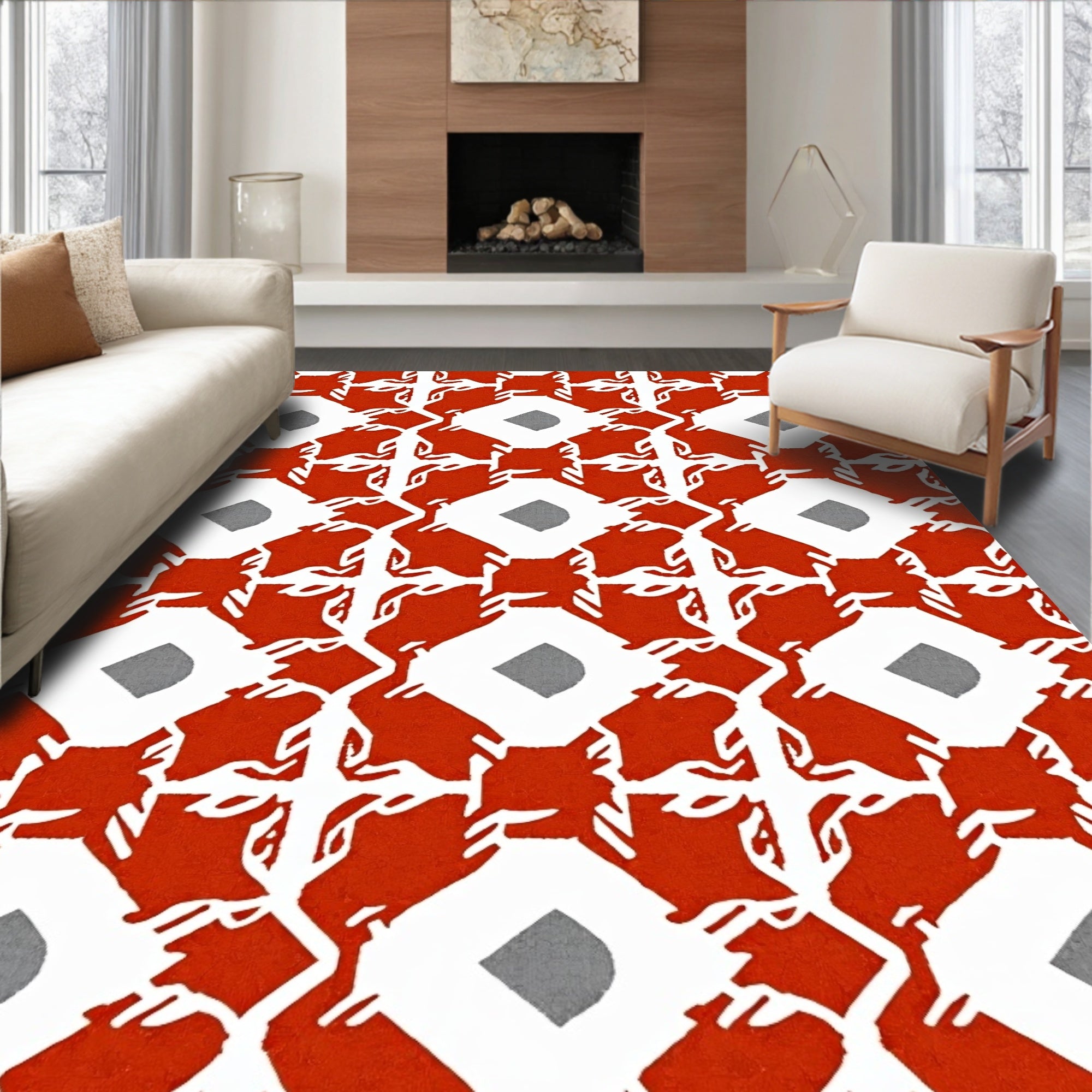 Bold Red White Geometric Diamond Pattern Rug