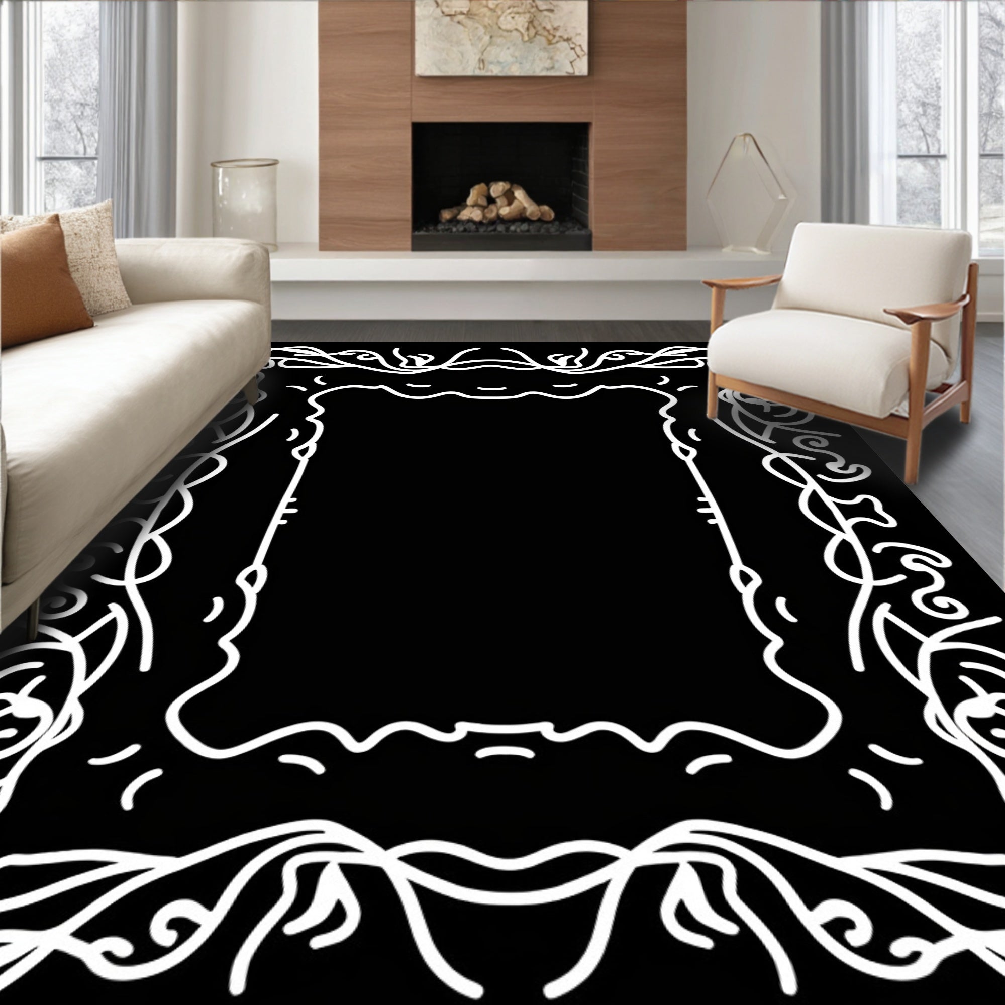 Ornate Vine Scroll Border Design Rug