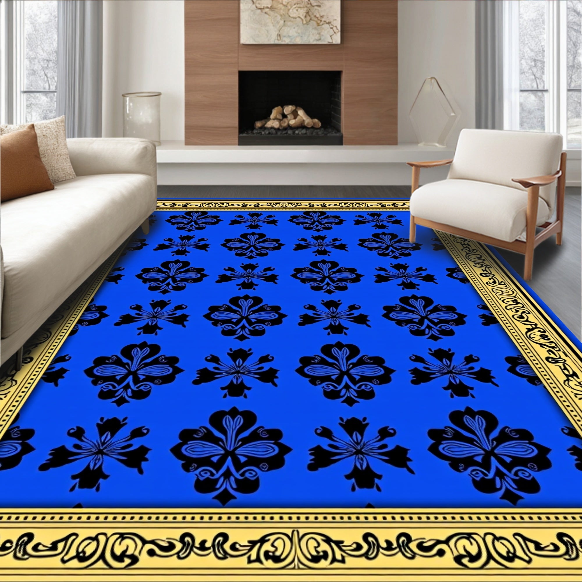 Bold Floral Motif Blue Gold Rug
