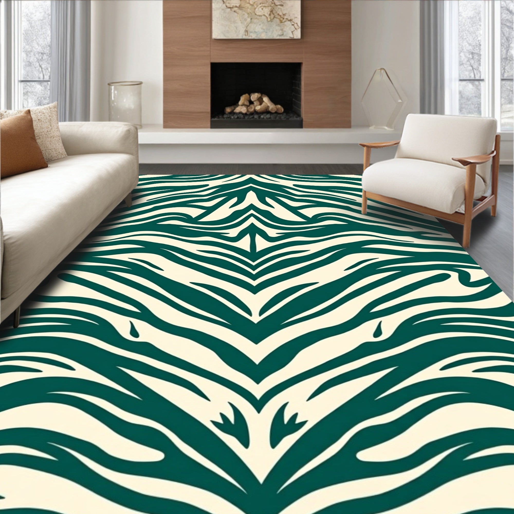 Teal Cream Zebra Stripe Pattern Rug