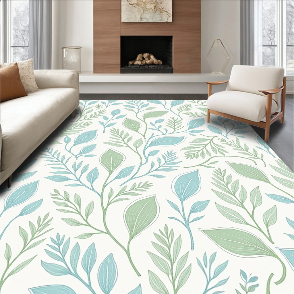 Soft Blue Green Leafy Vine Pattern Rug