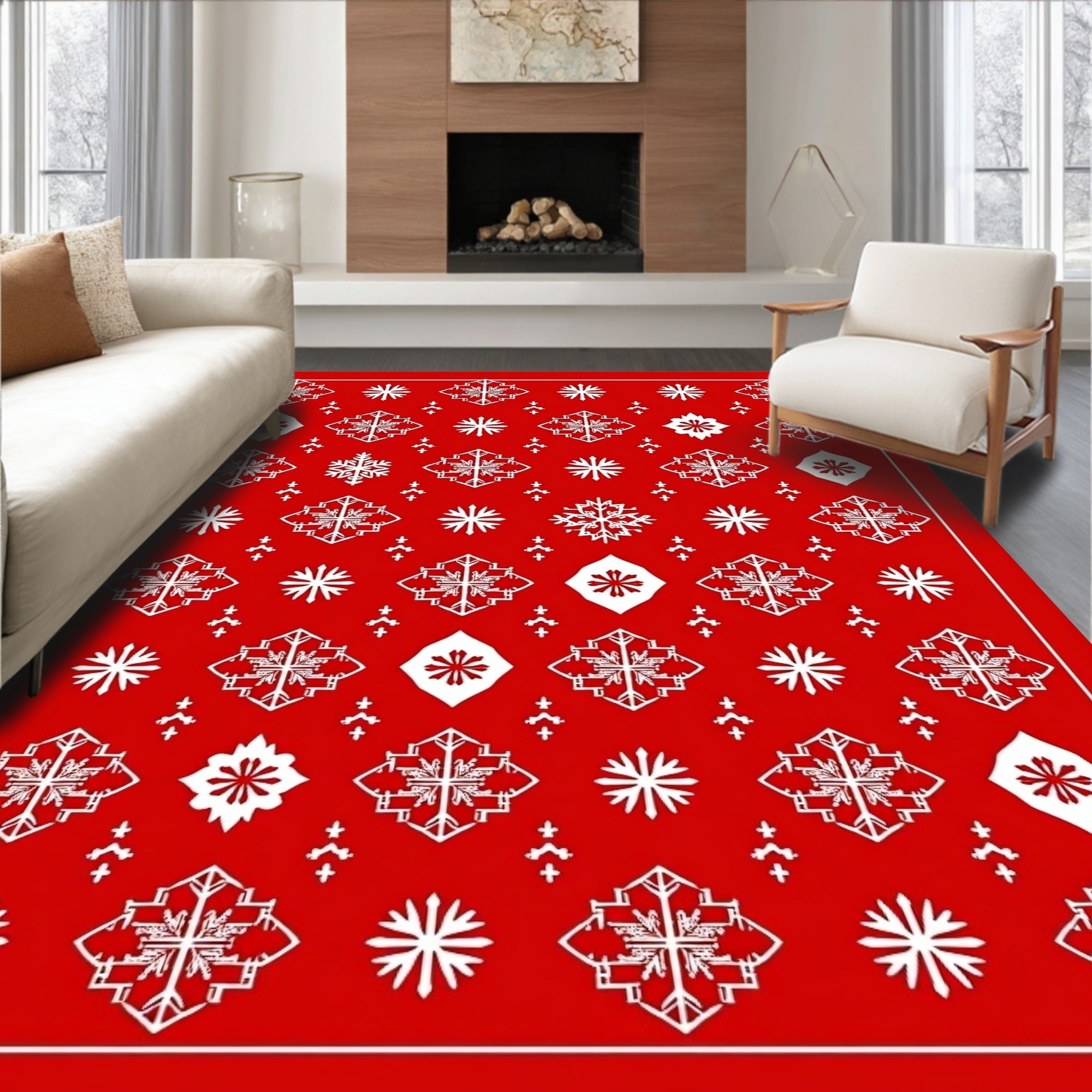 Red White Scandinavian Snowflake Pattern Rug