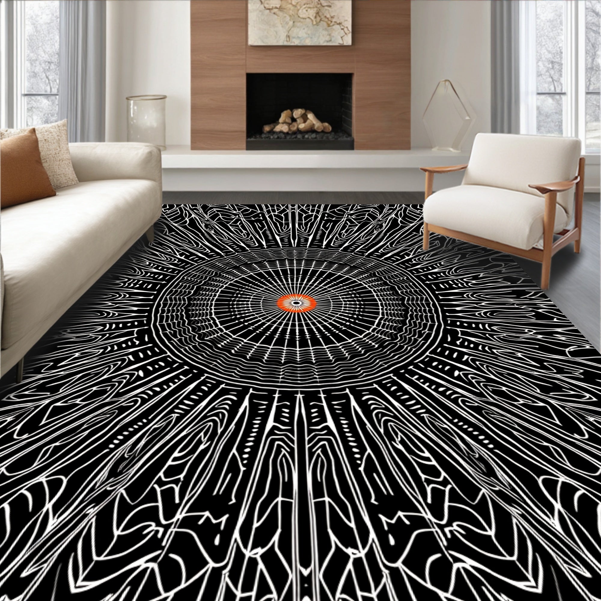 Radial Black And White Sunburst Design Rug