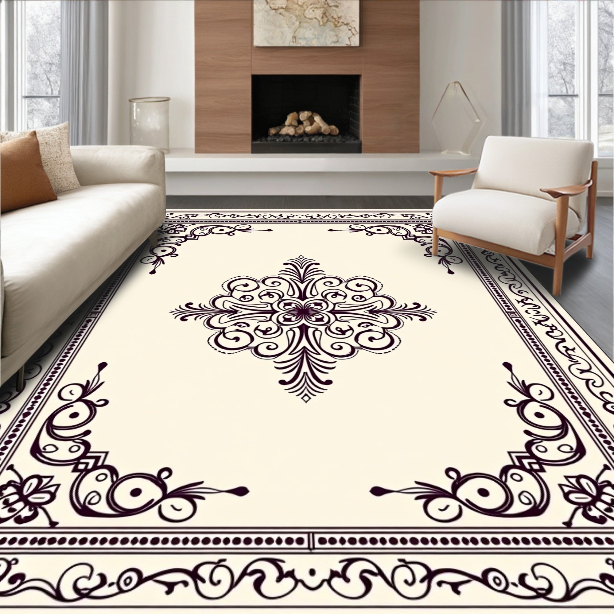 Elegant Dark Floral Scrollwork Pattern Rug