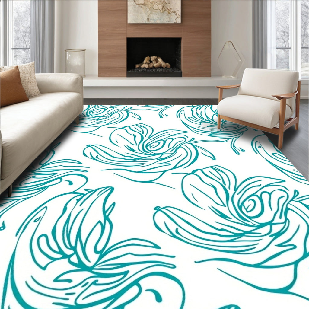 Turquoise Floral Continuous Line Pattern Rug
