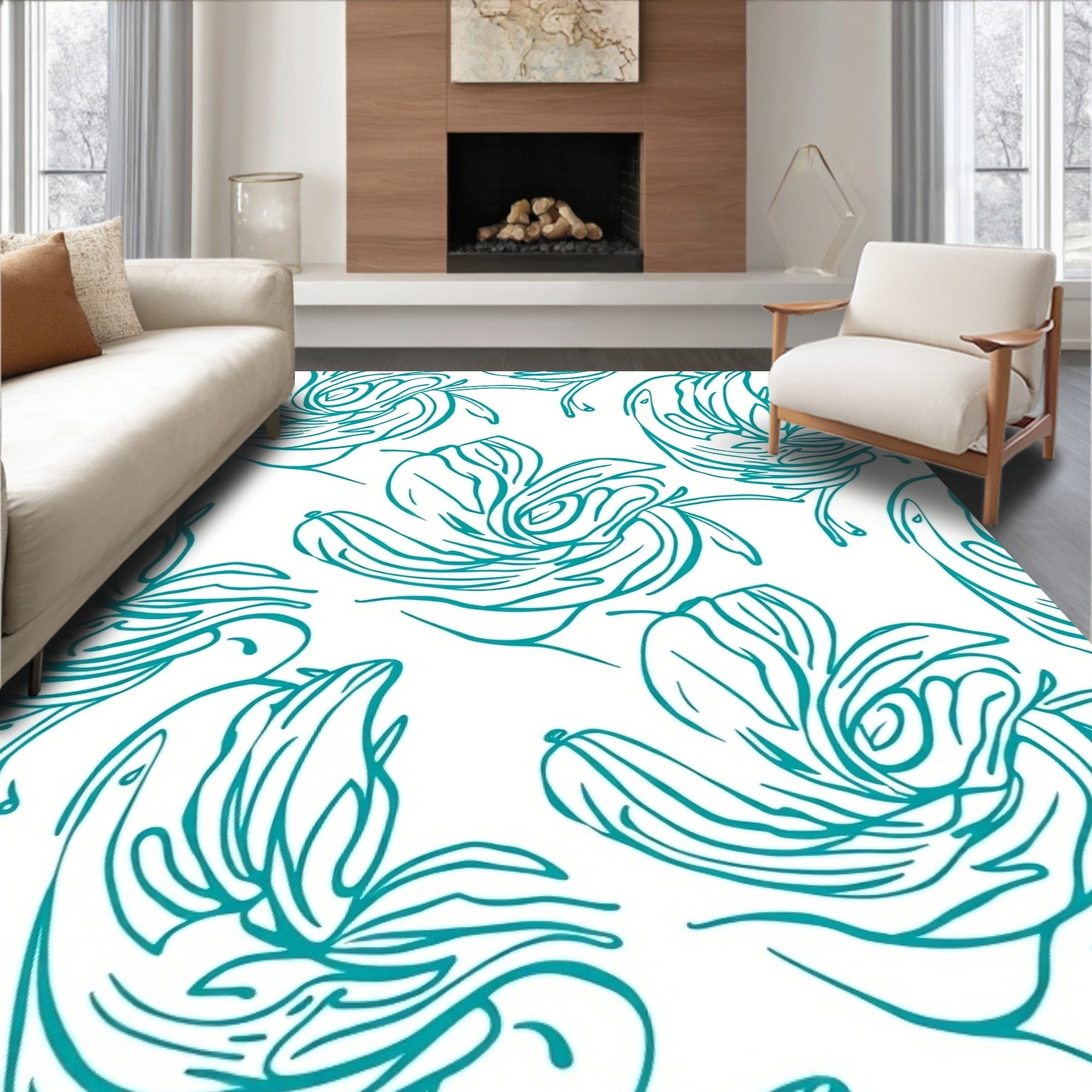 Turquoise Floral Continuous Line Pattern Rug