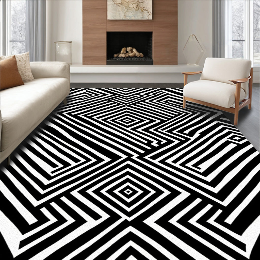 Bold Black White Labyrinth Design Rug