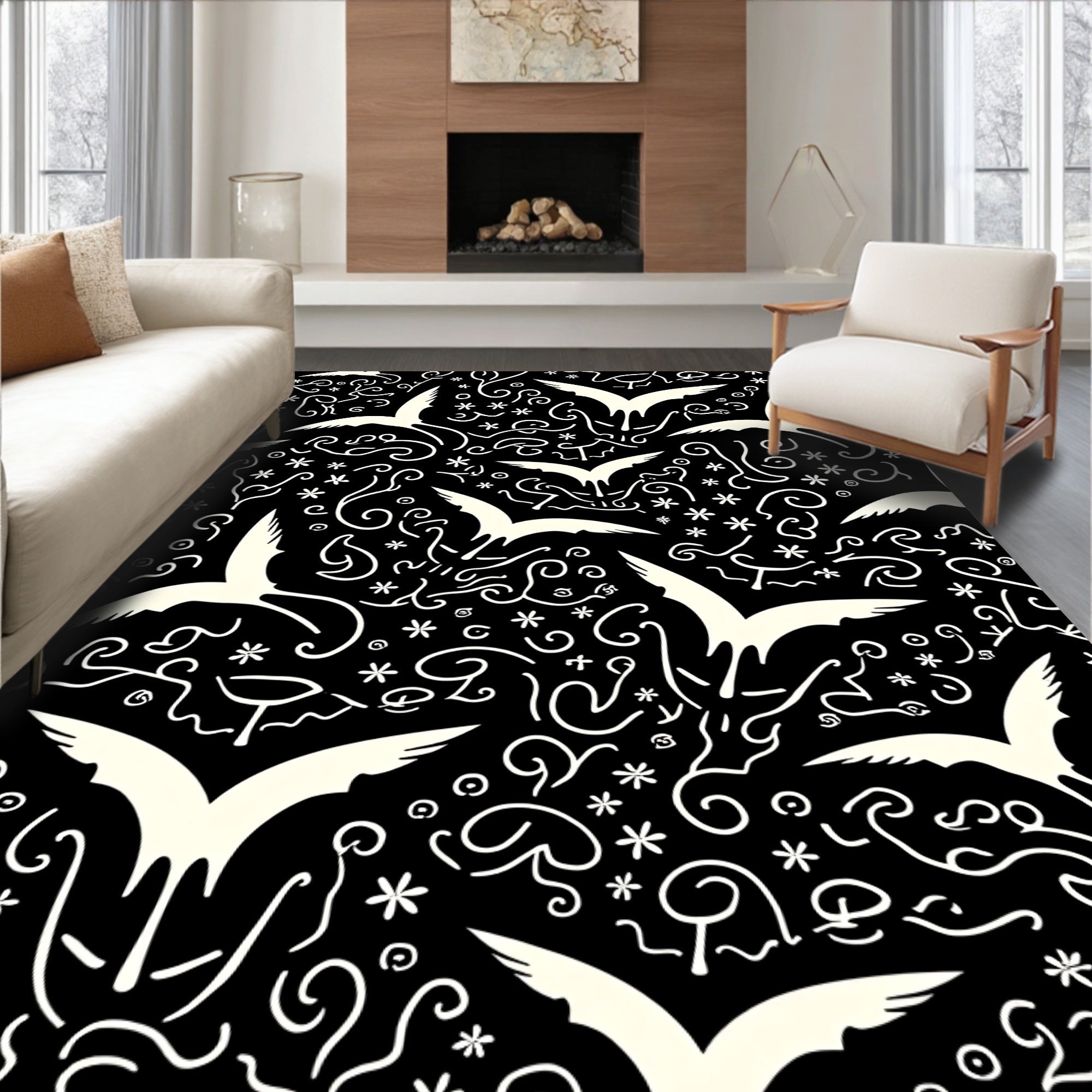 Whimsical Birds Swirls Pattern Rug