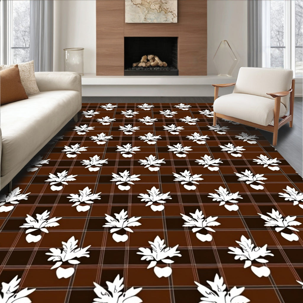 Brown Plaid 3D Leaf Pattern Rug