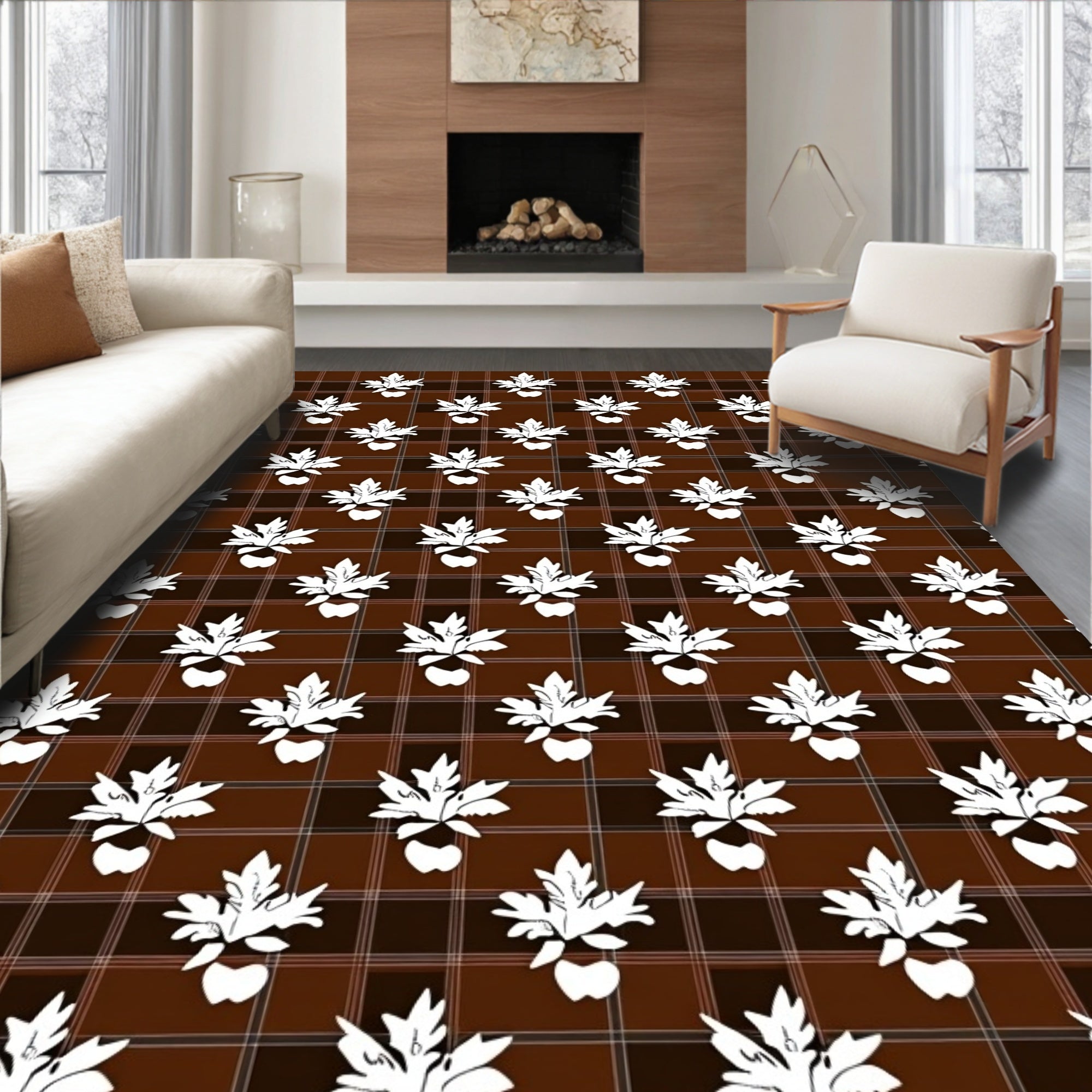 Brown Plaid 3D Leaf Pattern Rug