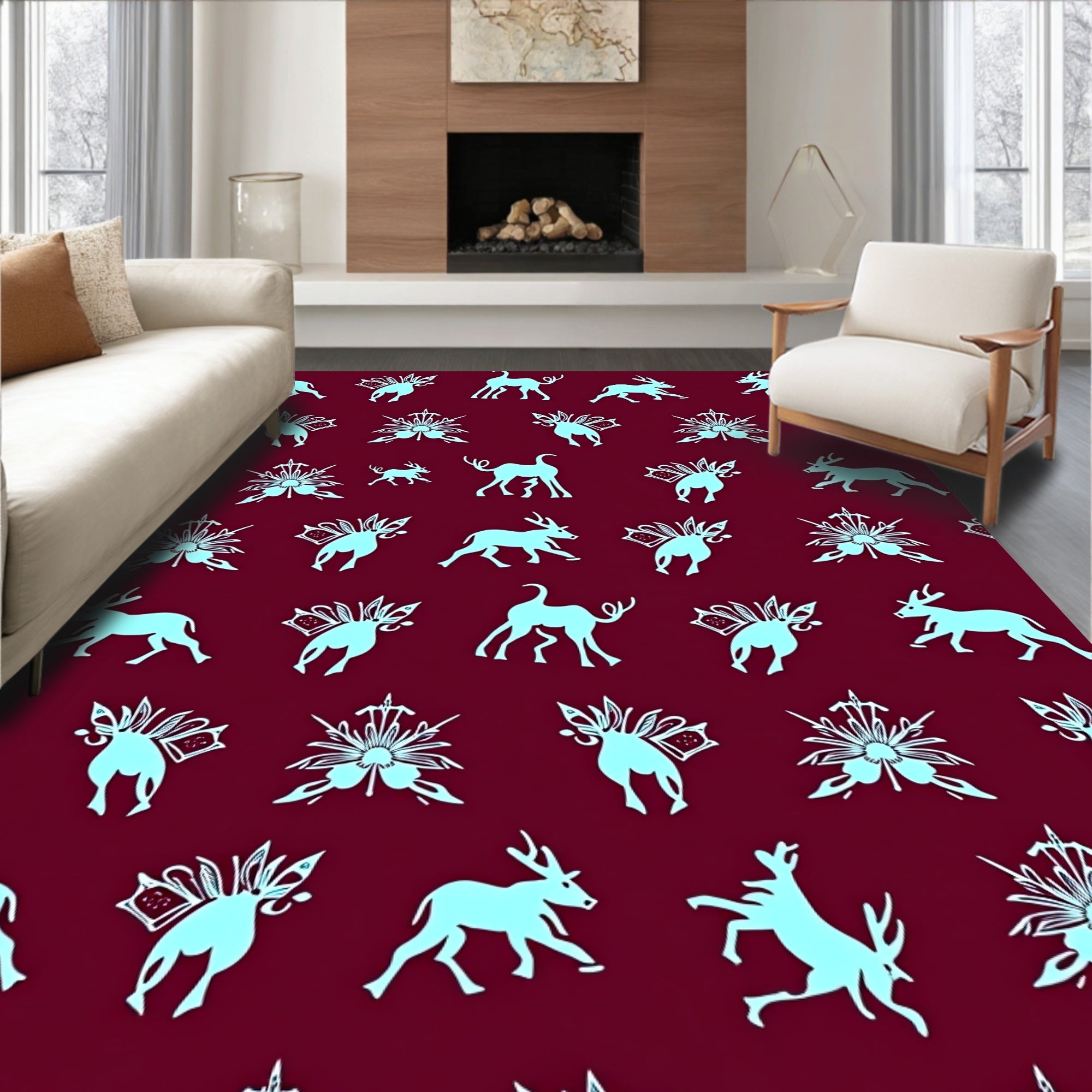 Light Blue Deer Floral Pattern Rug