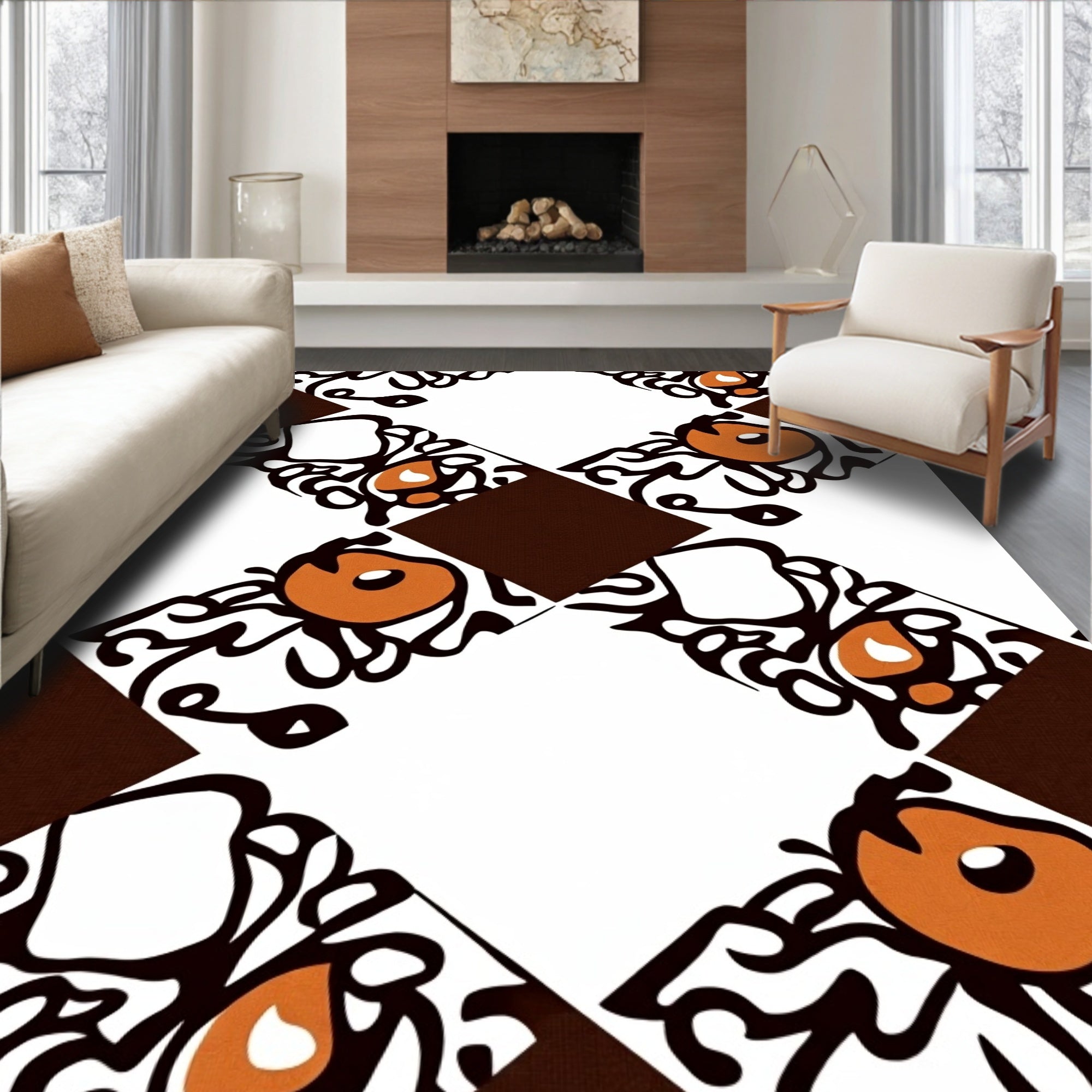 Abstract Orange Swirls Diamond Pattern Rug