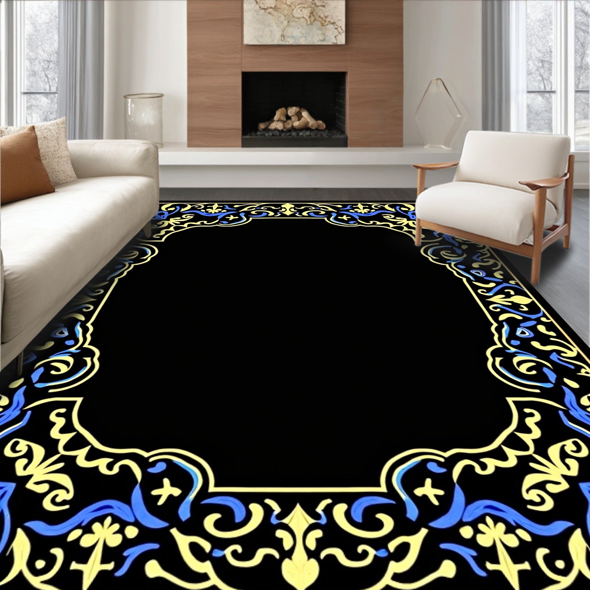 Elegant Blue Yellow Floral Border Design Rug