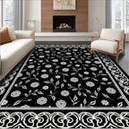 Floral Vine Border with Black Background Rug