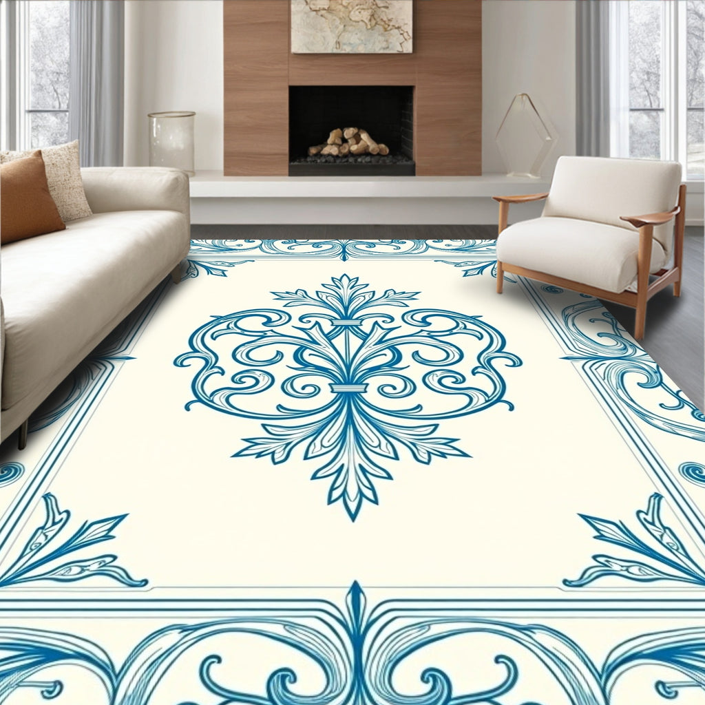 Intricate Blue Scrollwork Floral Pattern Rug