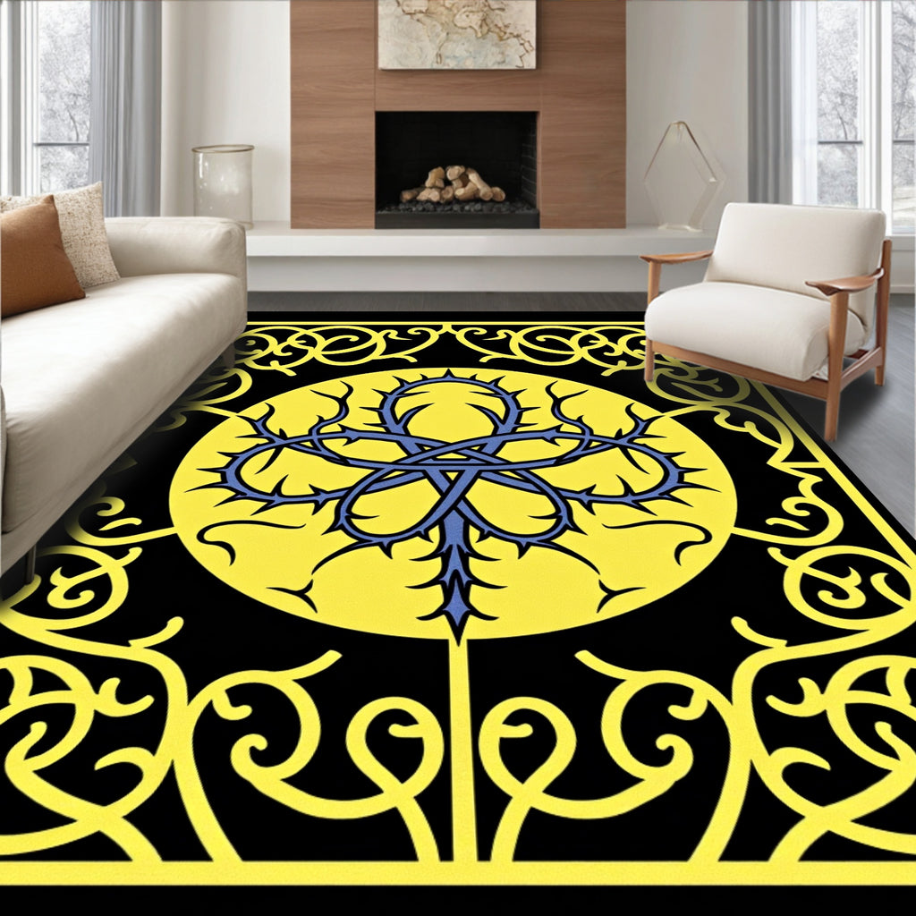 Gothic Black Yellow Scrollwork Rug
