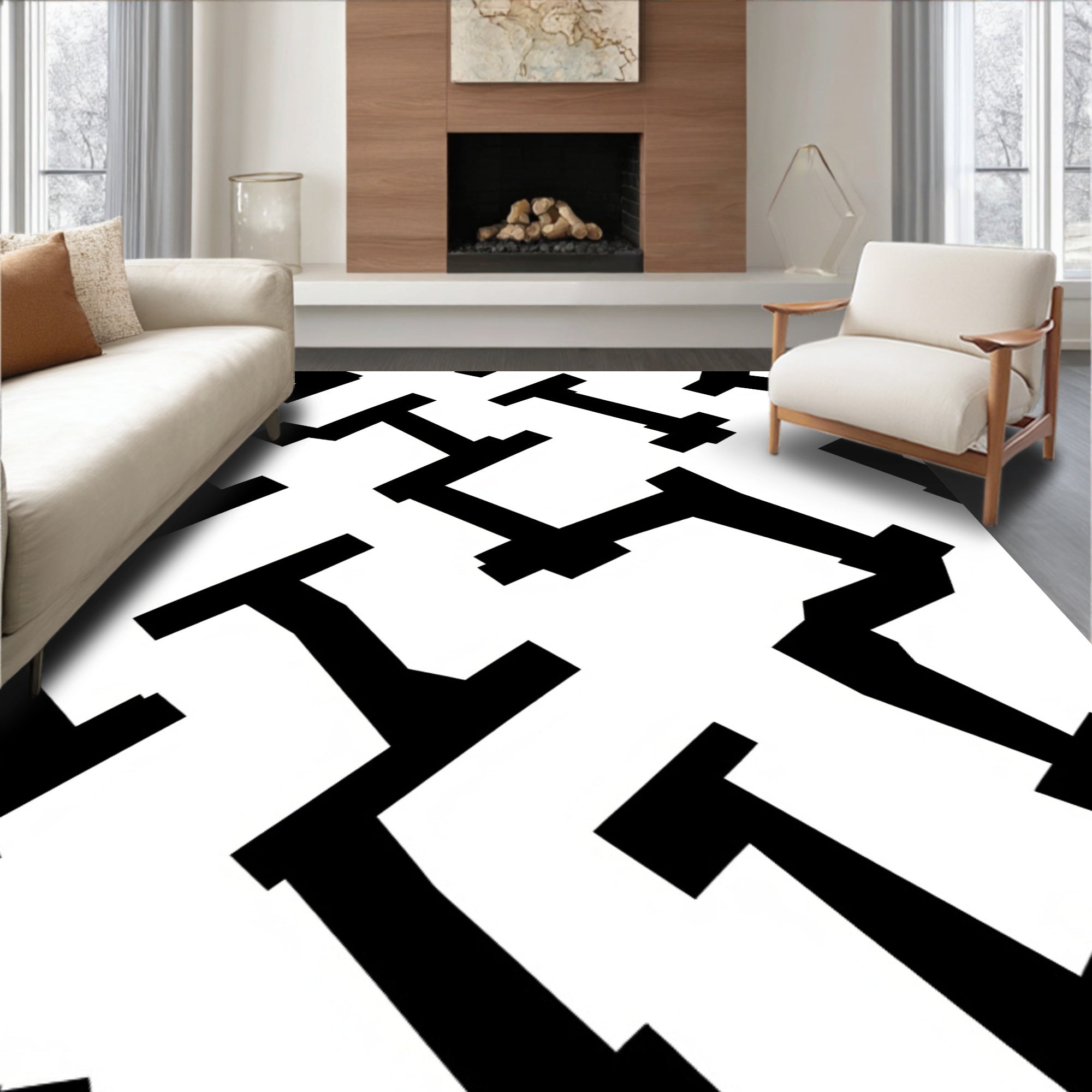 Black Geometric T Pattern Rug
