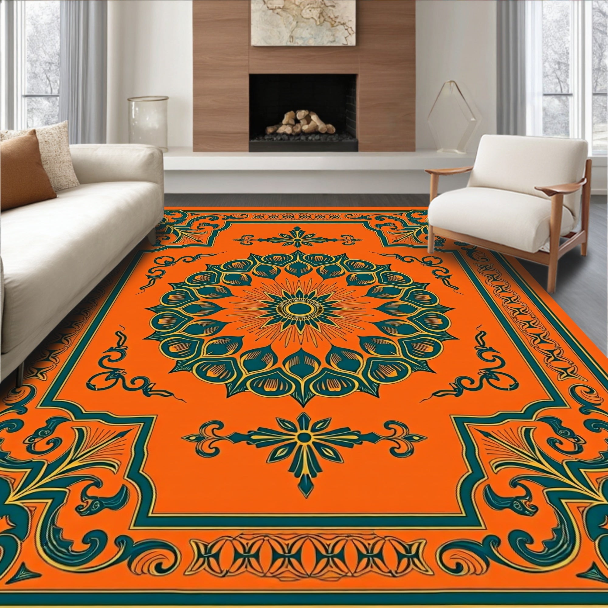 Bold Orange Teal Mandala Pattern Rug