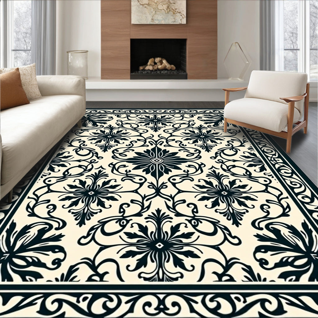 Ornate Black Floral Symmetry Rug