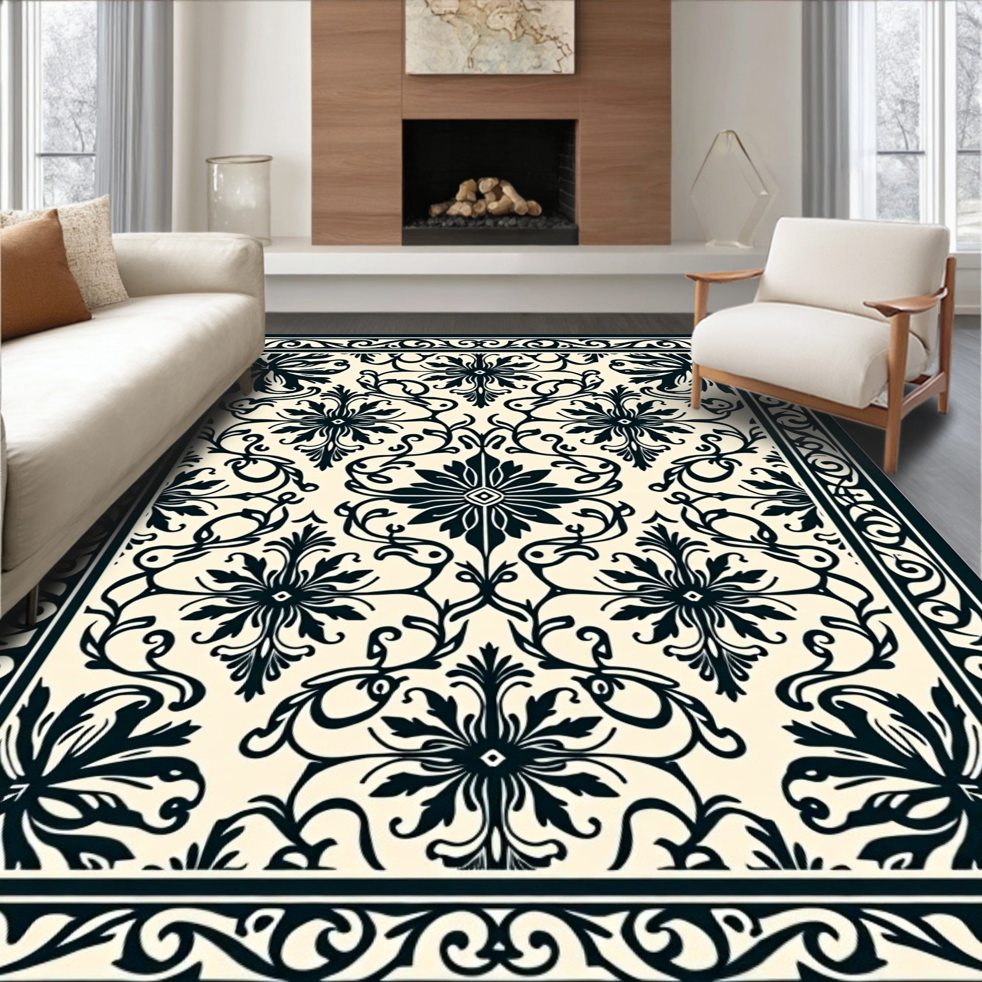 Ornate Black Floral Symmetry Rug